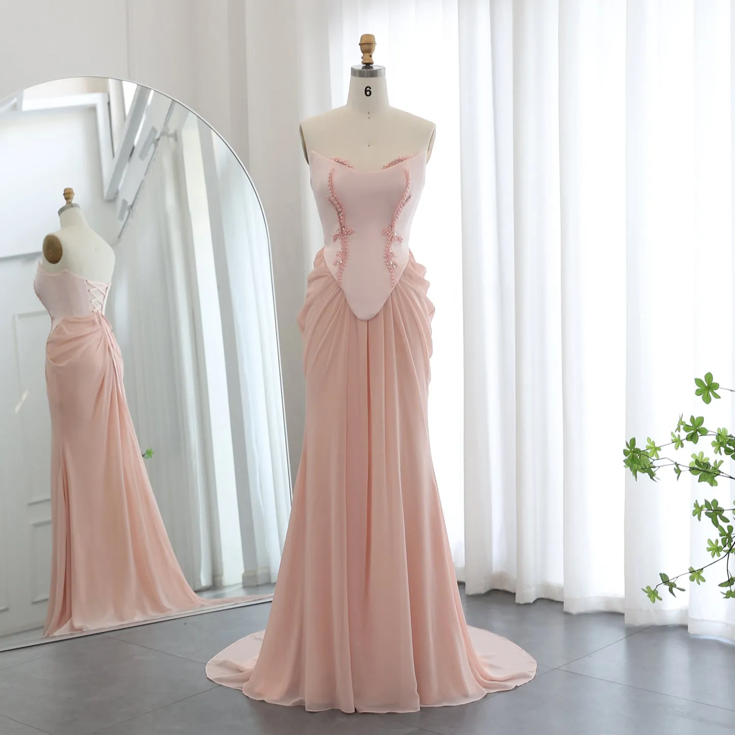 Pink Handmade Draped Strapless Chiffon Mermaid Evening Dress SS220