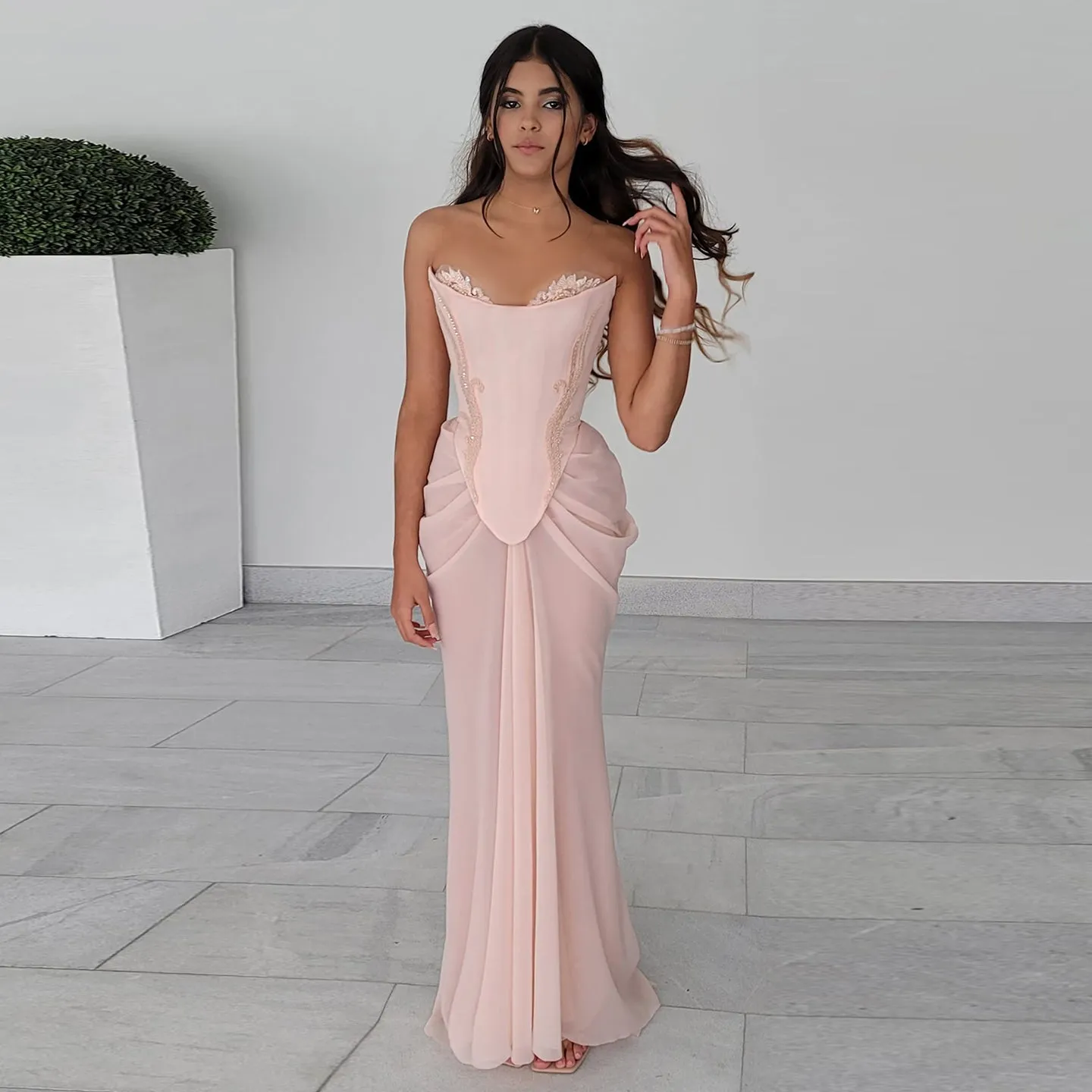 Pink Handmade Draped Strapless Chiffon Mermaid Evening Dress SS220