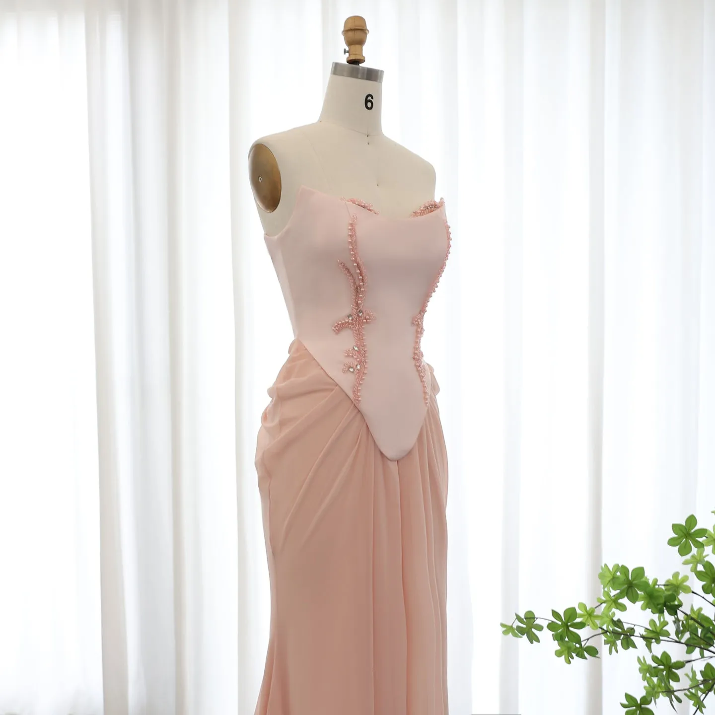 Pink Handmade Draped Strapless Chiffon Mermaid Evening Dress SS220