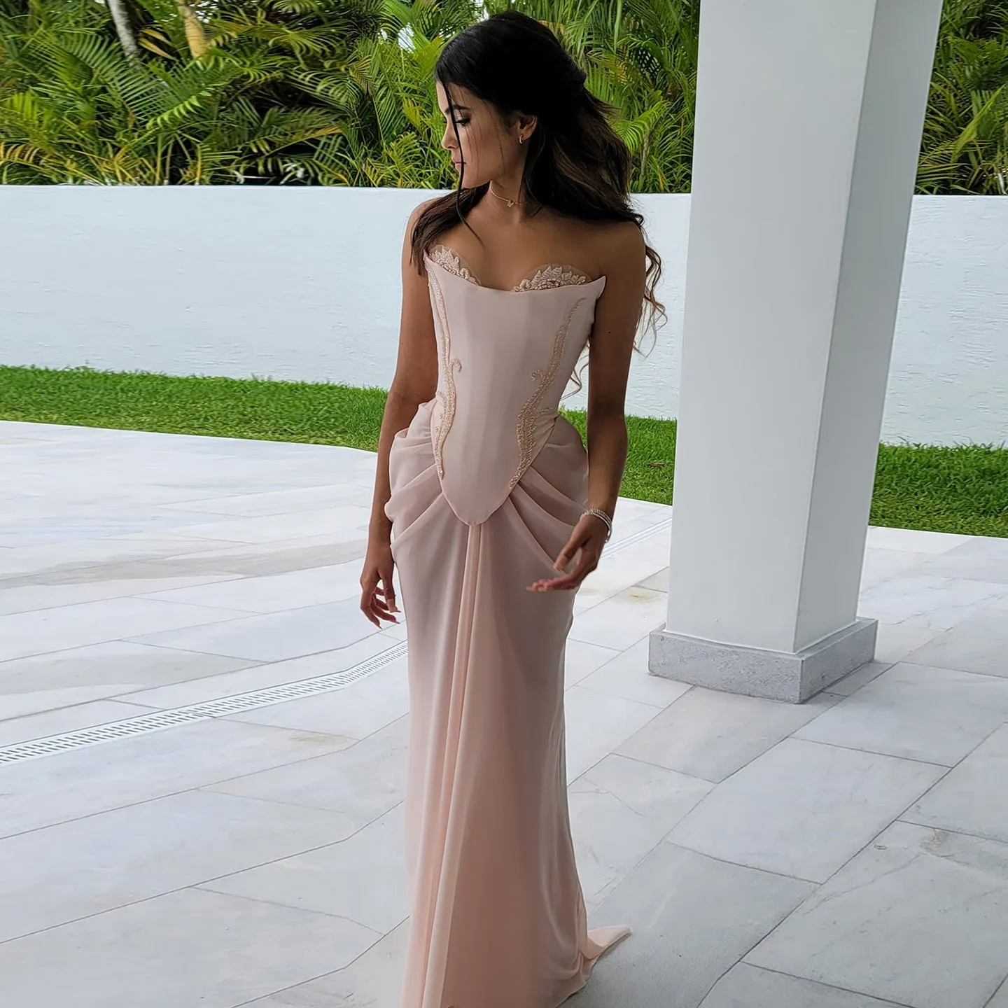 Pink Handmade Draped Strapless Chiffon Mermaid Evening Dress SS220