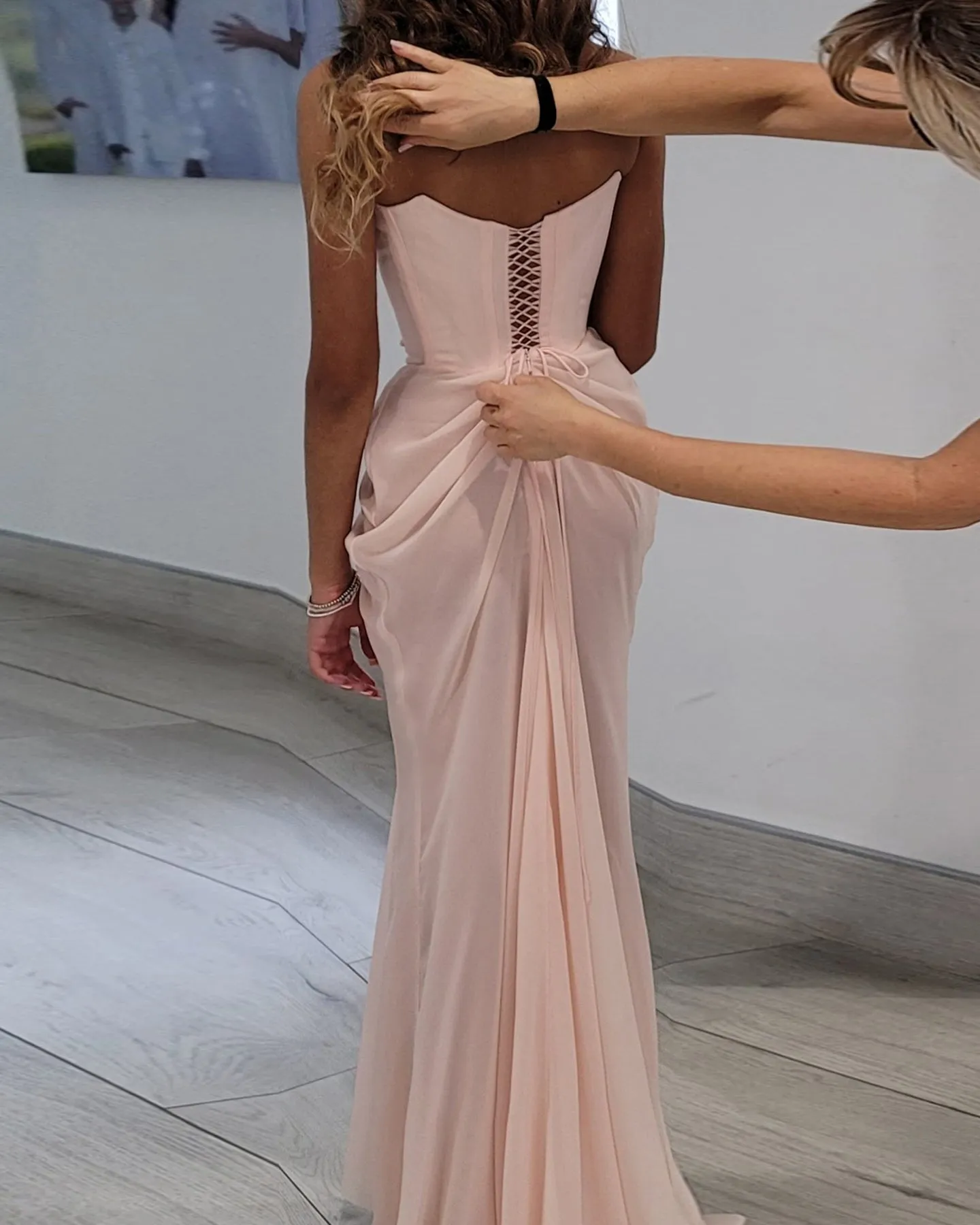 Pink Handmade Draped Strapless Chiffon Mermaid Evening Dress SS220