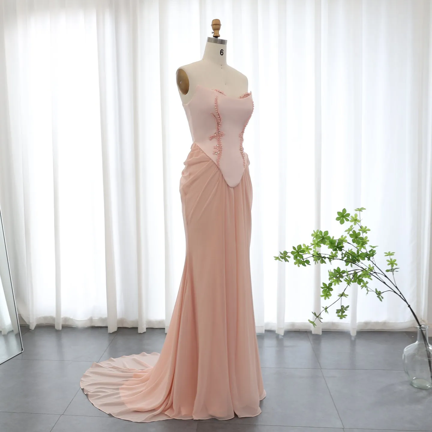 Pink Handmade Draped Strapless Chiffon Mermaid Evening Dress SS220