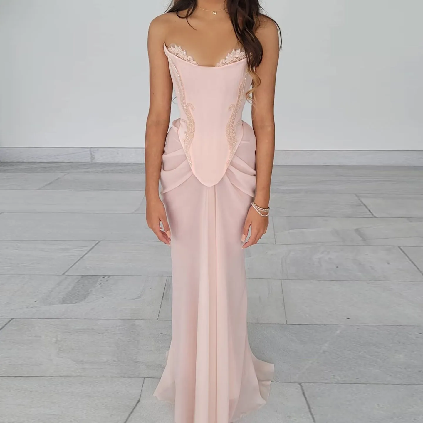 Pink Handmade Draped Strapless Chiffon Mermaid Evening Dress SS220