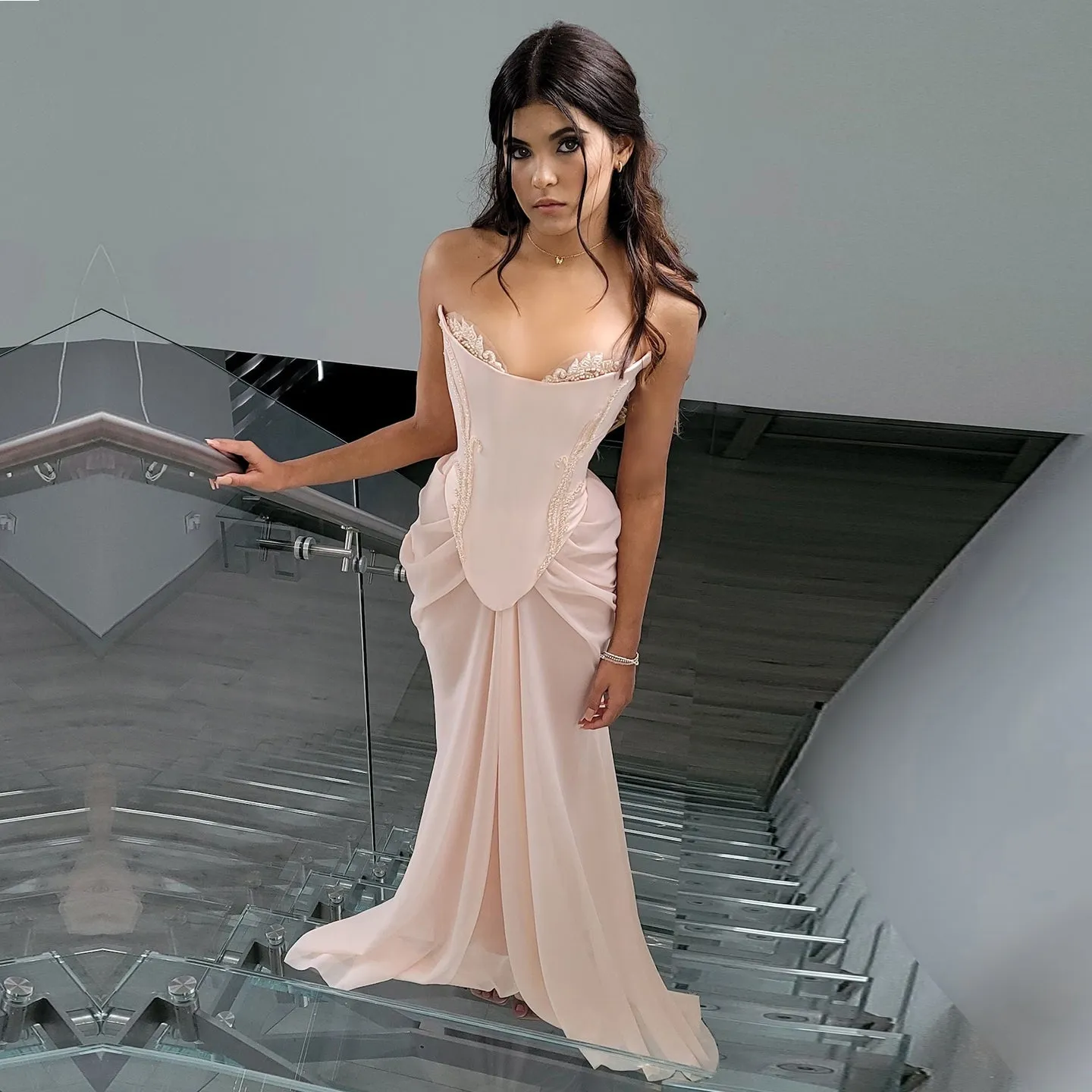 Pink Handmade Draped Strapless Chiffon Mermaid Evening Dress SS220