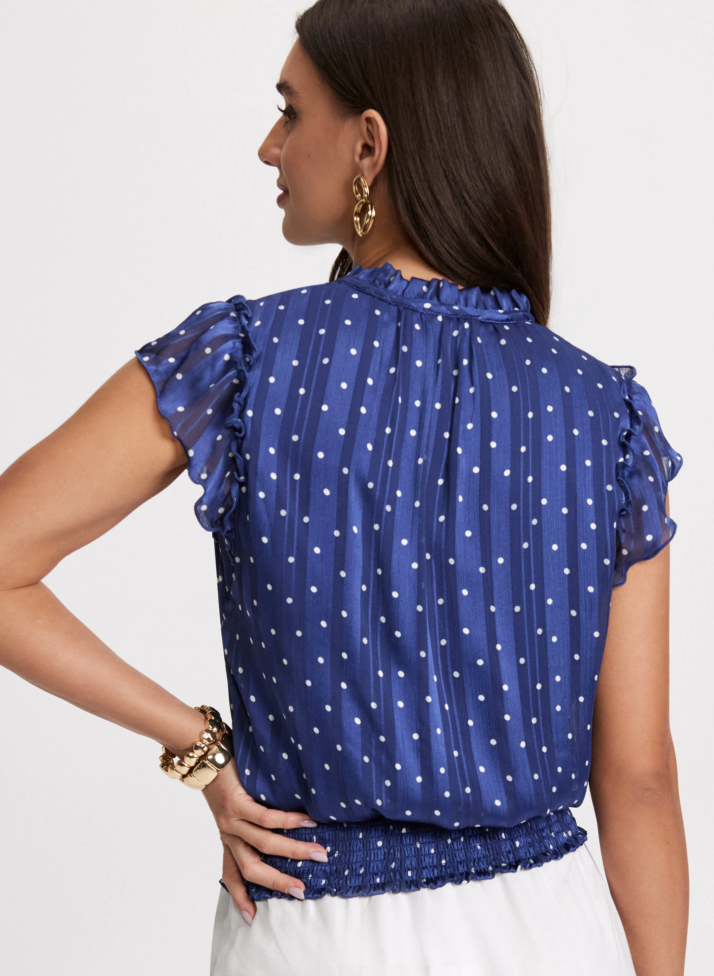 Polka Dot Print Smocked Blouse