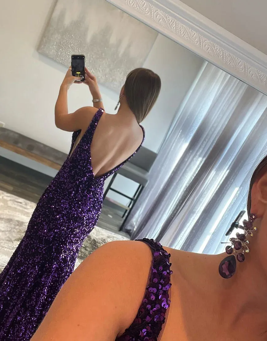 Purple V-neck Mermaid Long Prom Dresses,Evening Dresses