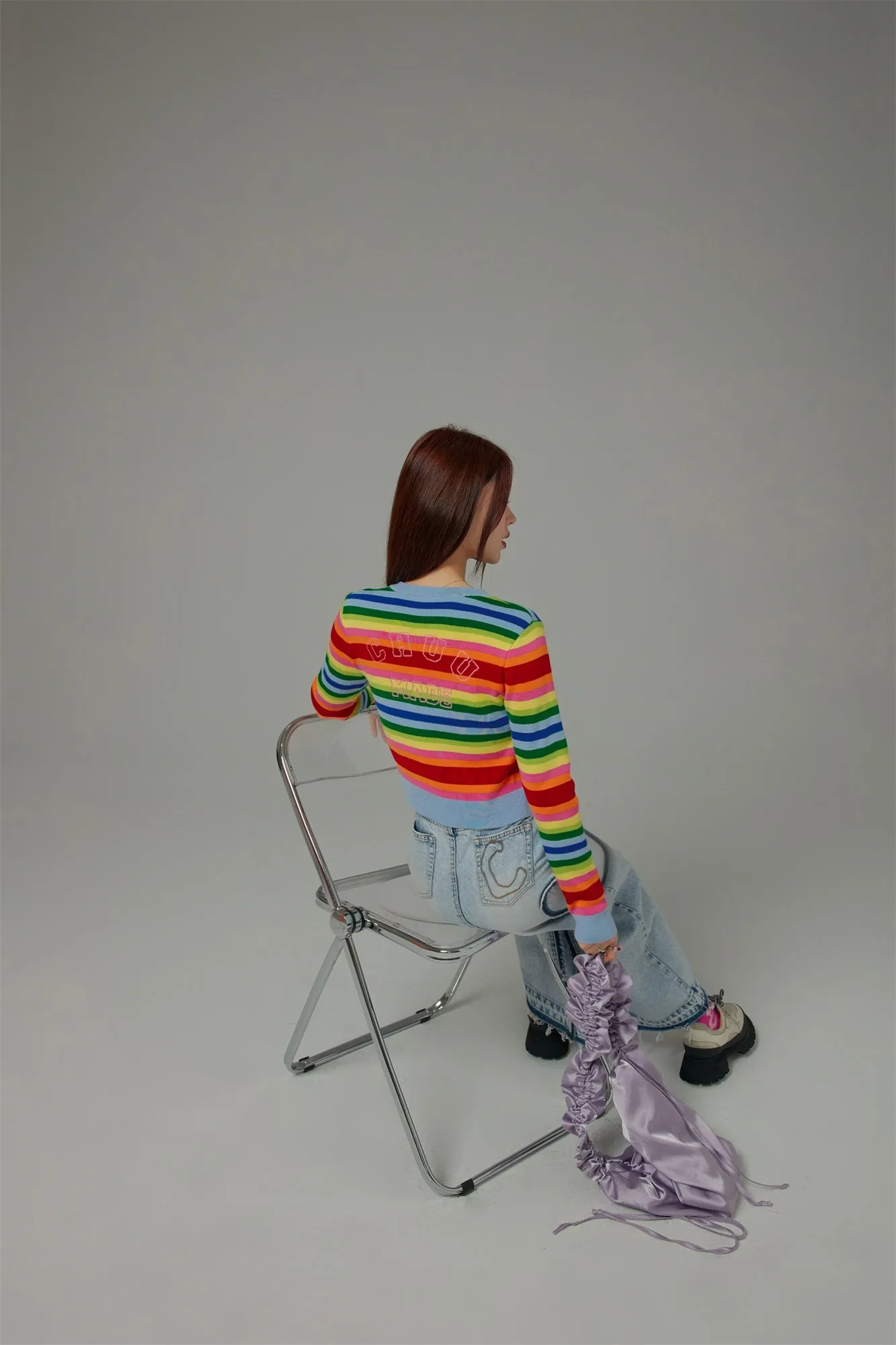 Rainbow Stripes Knit Button Cropped Cardigan