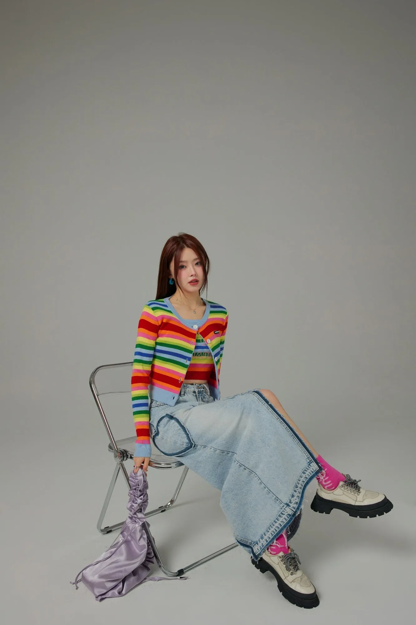 Rainbow Stripes Knit Button Cropped Cardigan