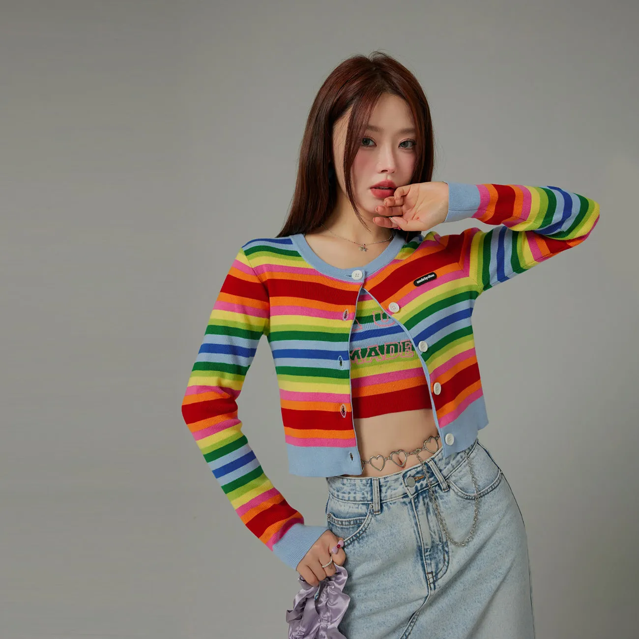 Rainbow Stripes Knit Button Cropped Cardigan