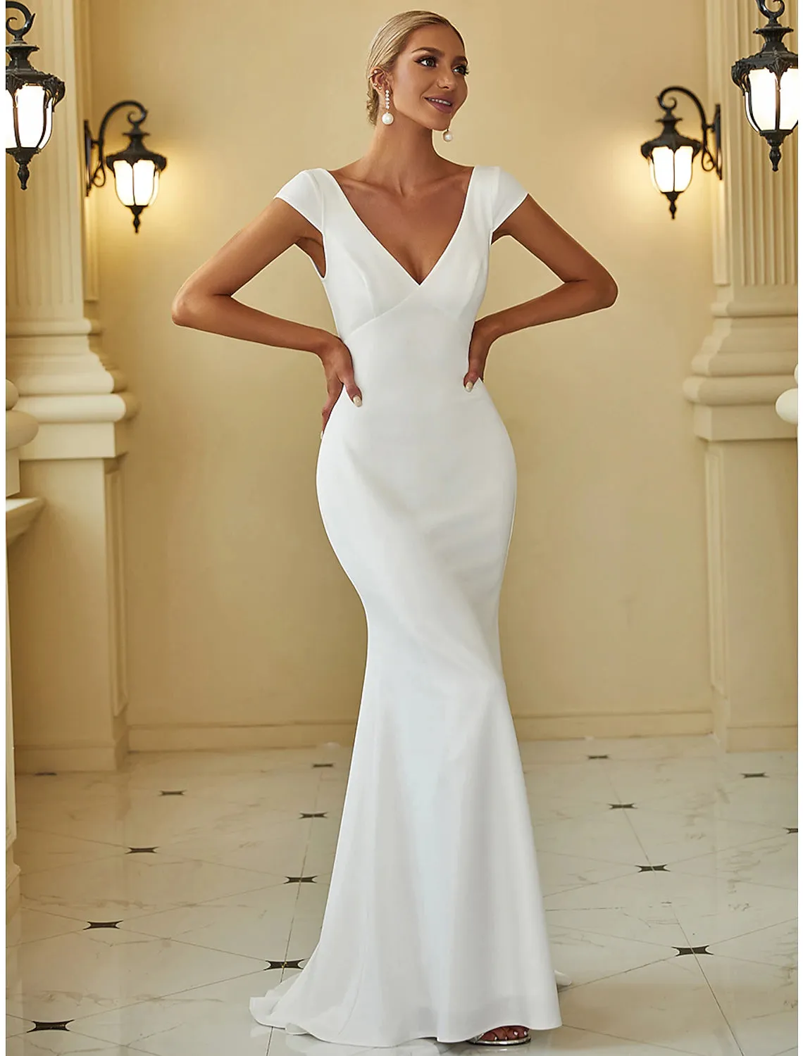 Reception Casual Wedding Dresses Mermaid / Trumpet V Neck Cap Sleeve Sweep / Brush Train Stretch Fabric Bridal Gowns With Draping Solid Color Summer Wedding Party