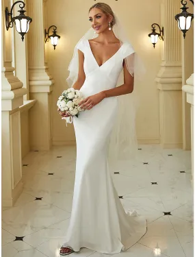 Reception Casual Wedding Dresses Mermaid / Trumpet V Neck Cap Sleeve Sweep / Brush Train Stretch Fabric Bridal Gowns With Draping Solid Color Summer Wedding Party