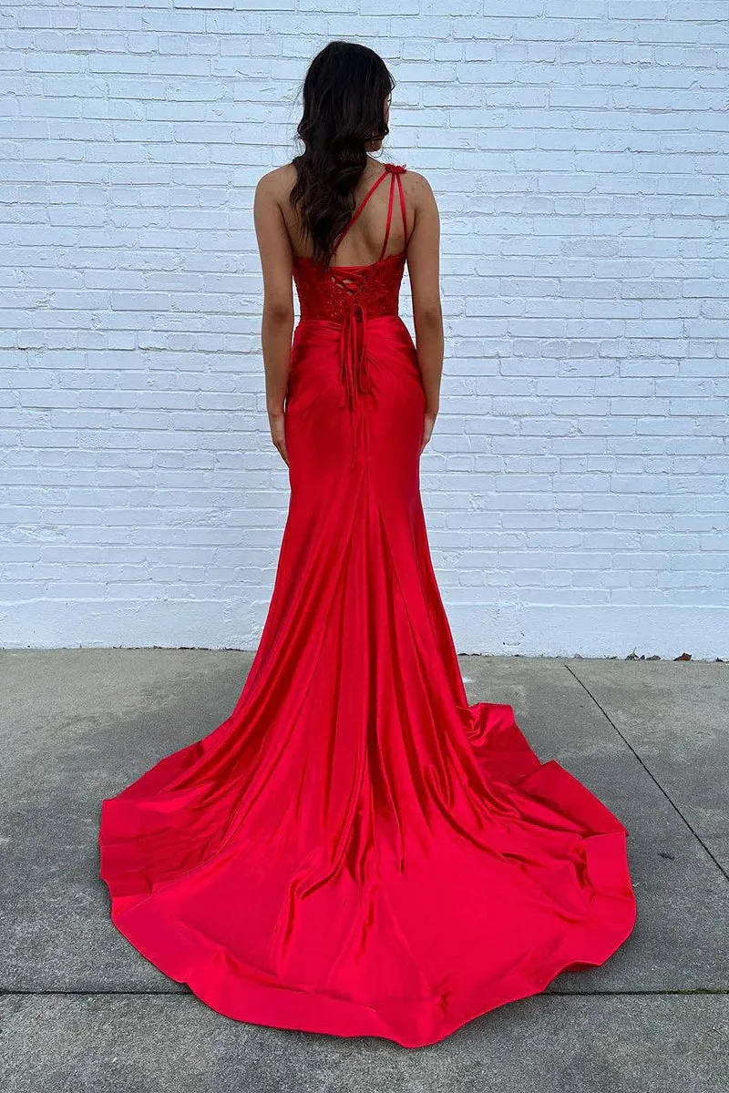 Red One Shoulder Satin Mermaid Long Prom Dresses with Slit