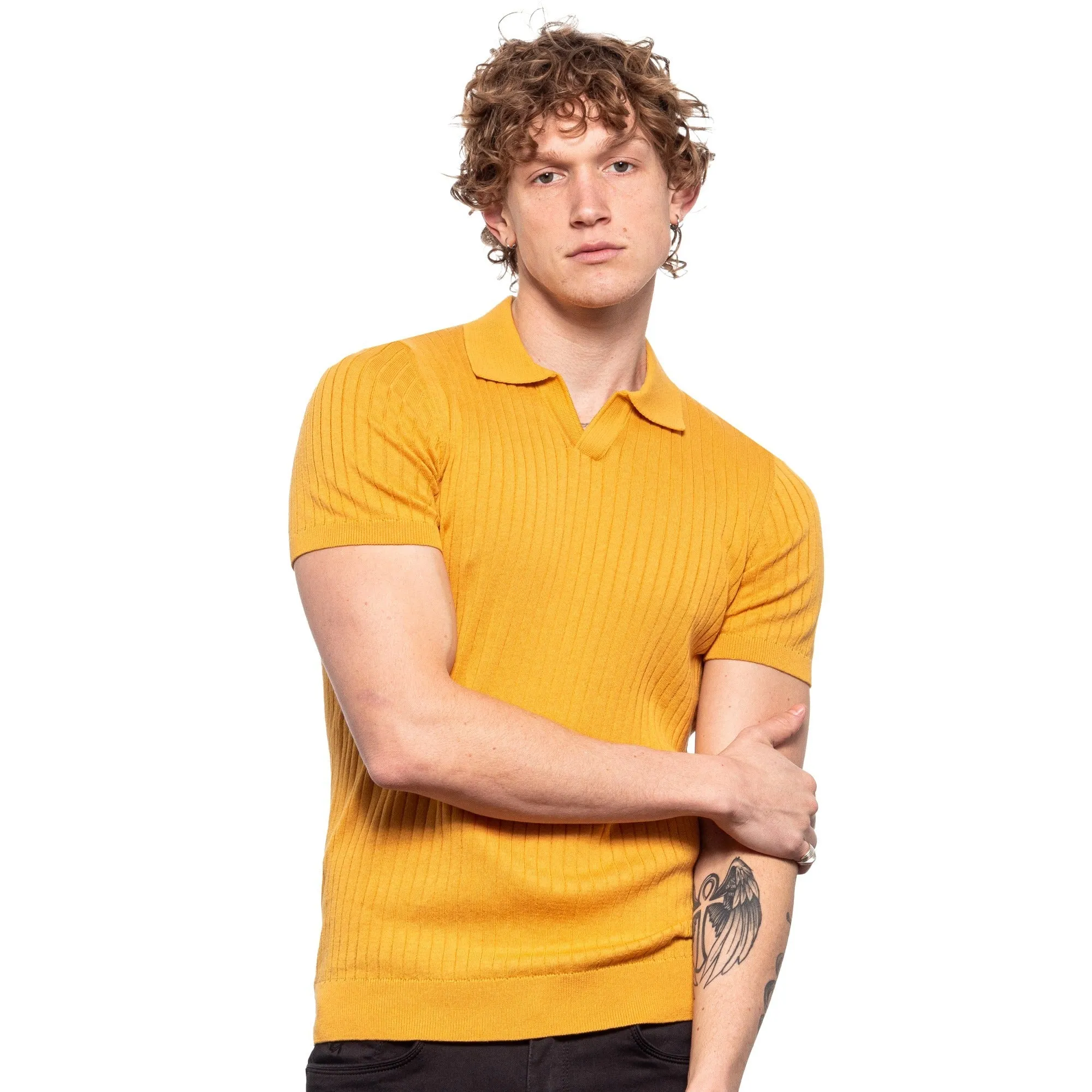 Ribbed Knit Polo - Mustard