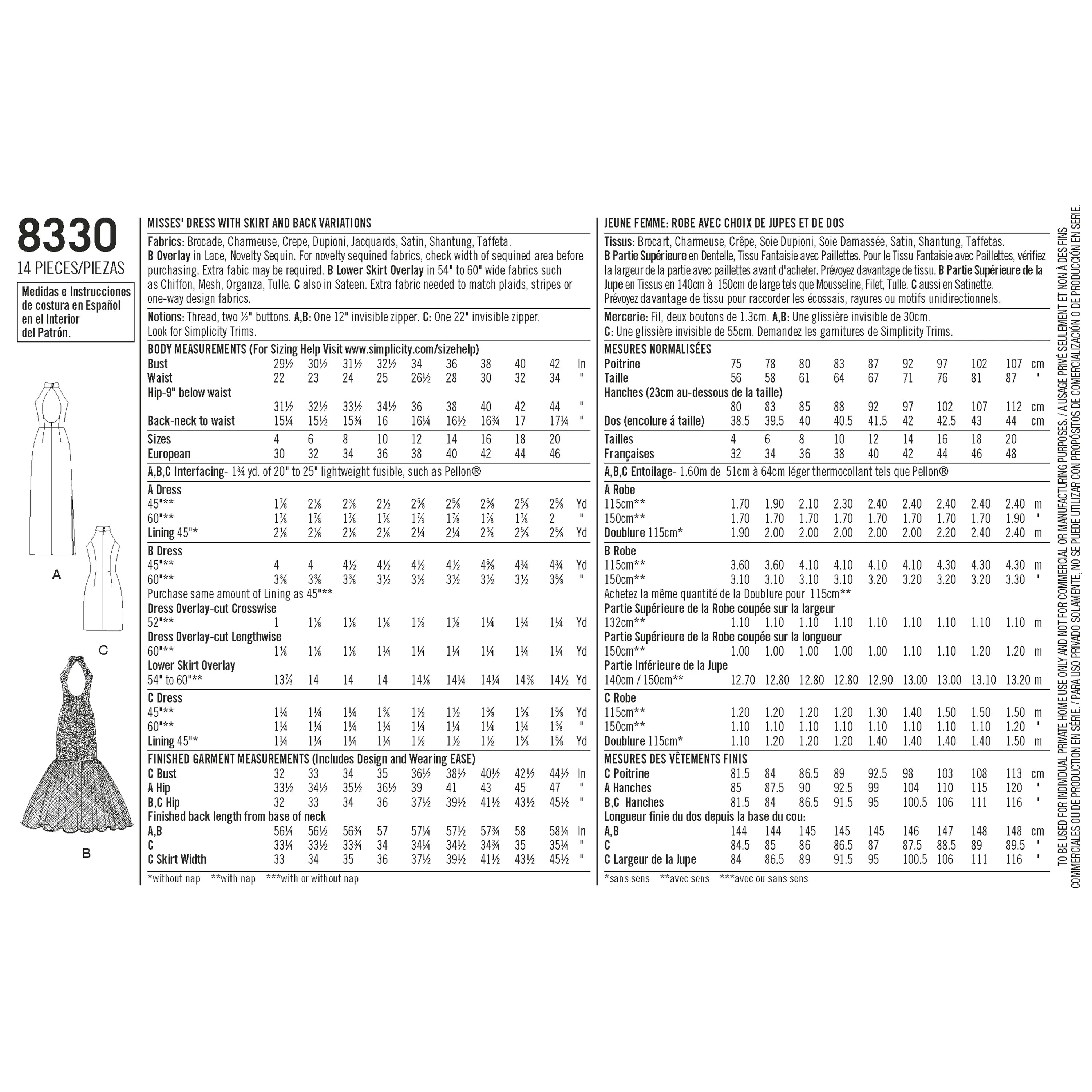 Simplicity Pattern 8330 Women's Dress with Skirt and Back Variations