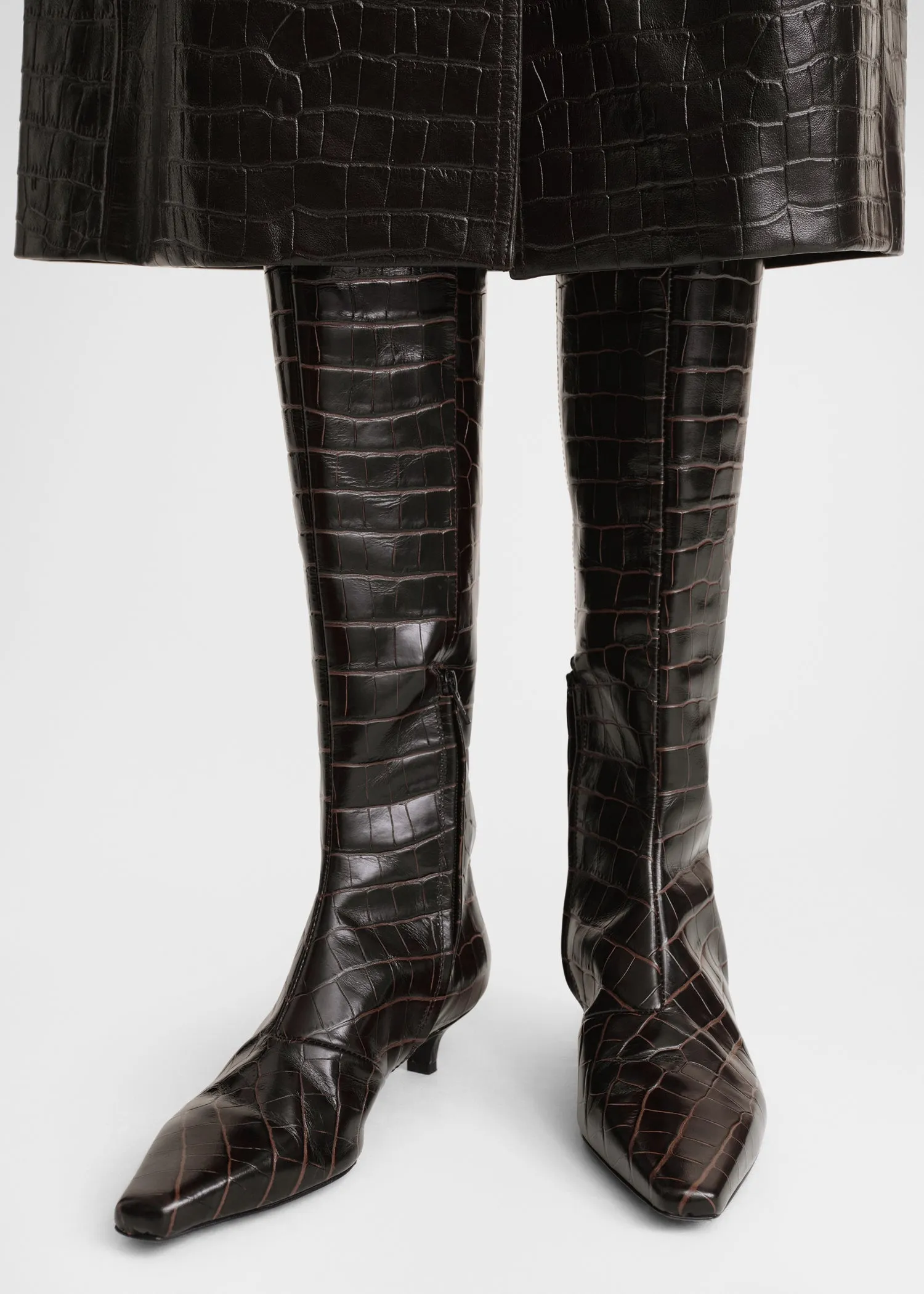 Slim croco-embossed knee-high boots dark brown