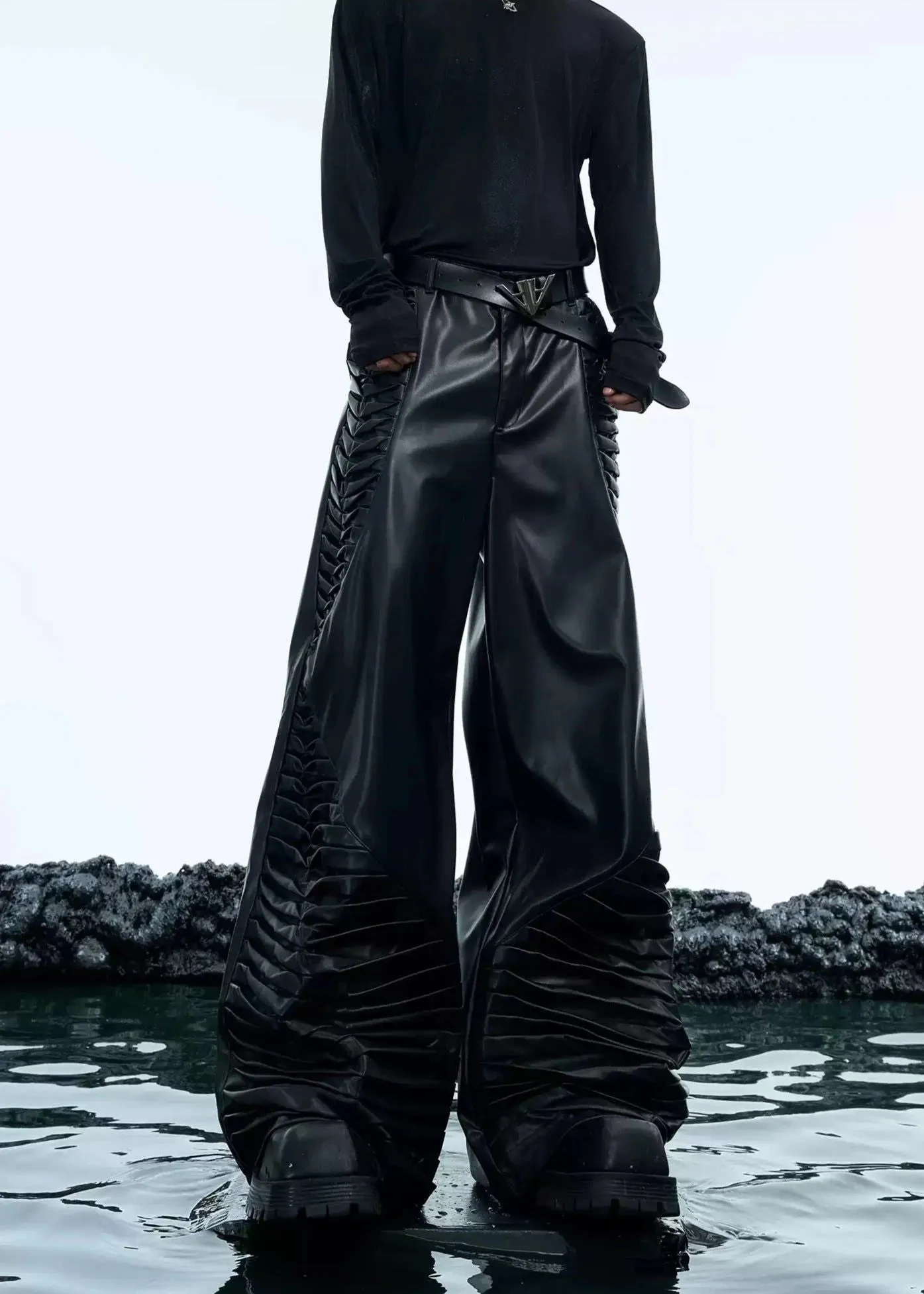 Structured Pleated PU Leather Pants