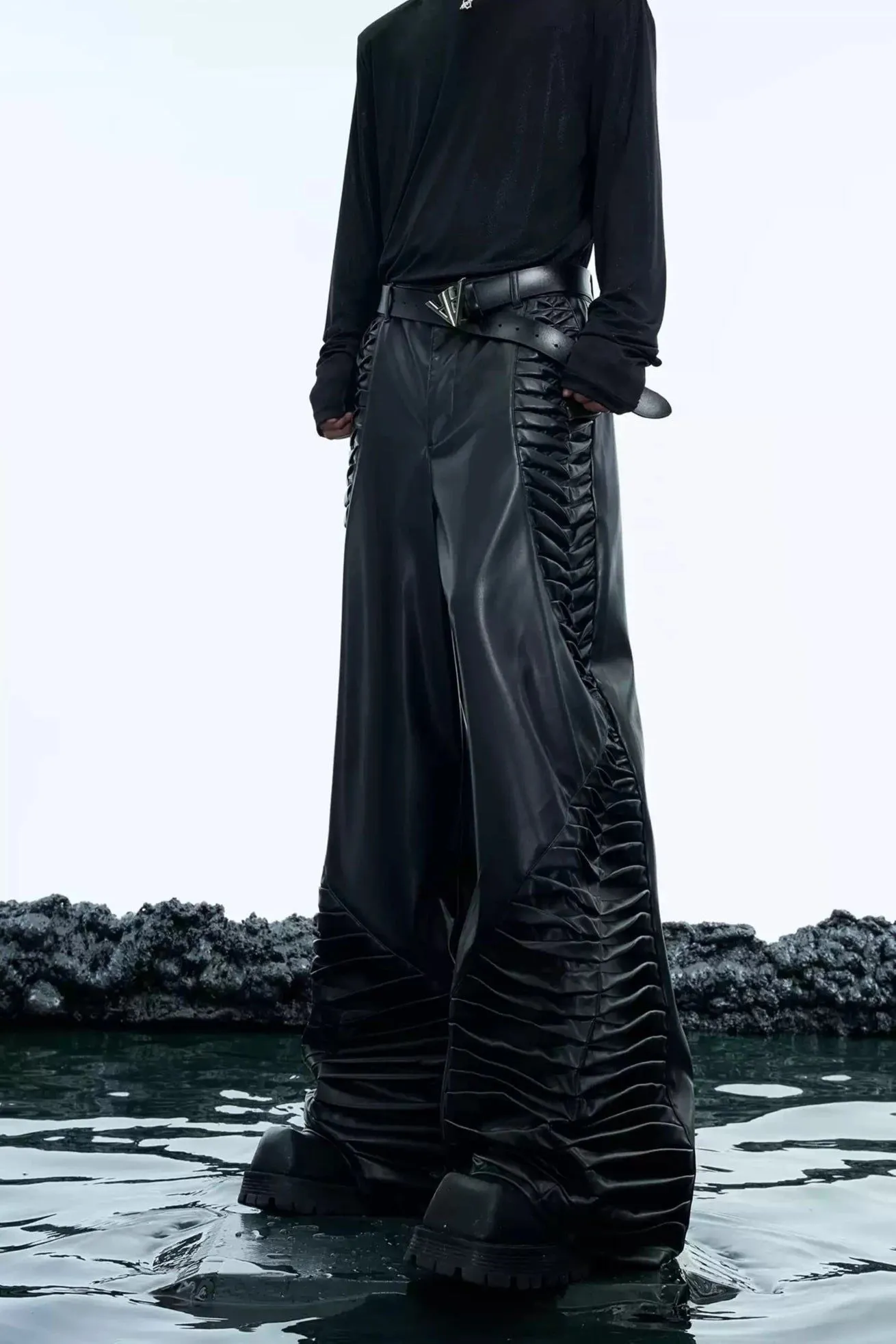 Structured Pleated PU Leather Pants