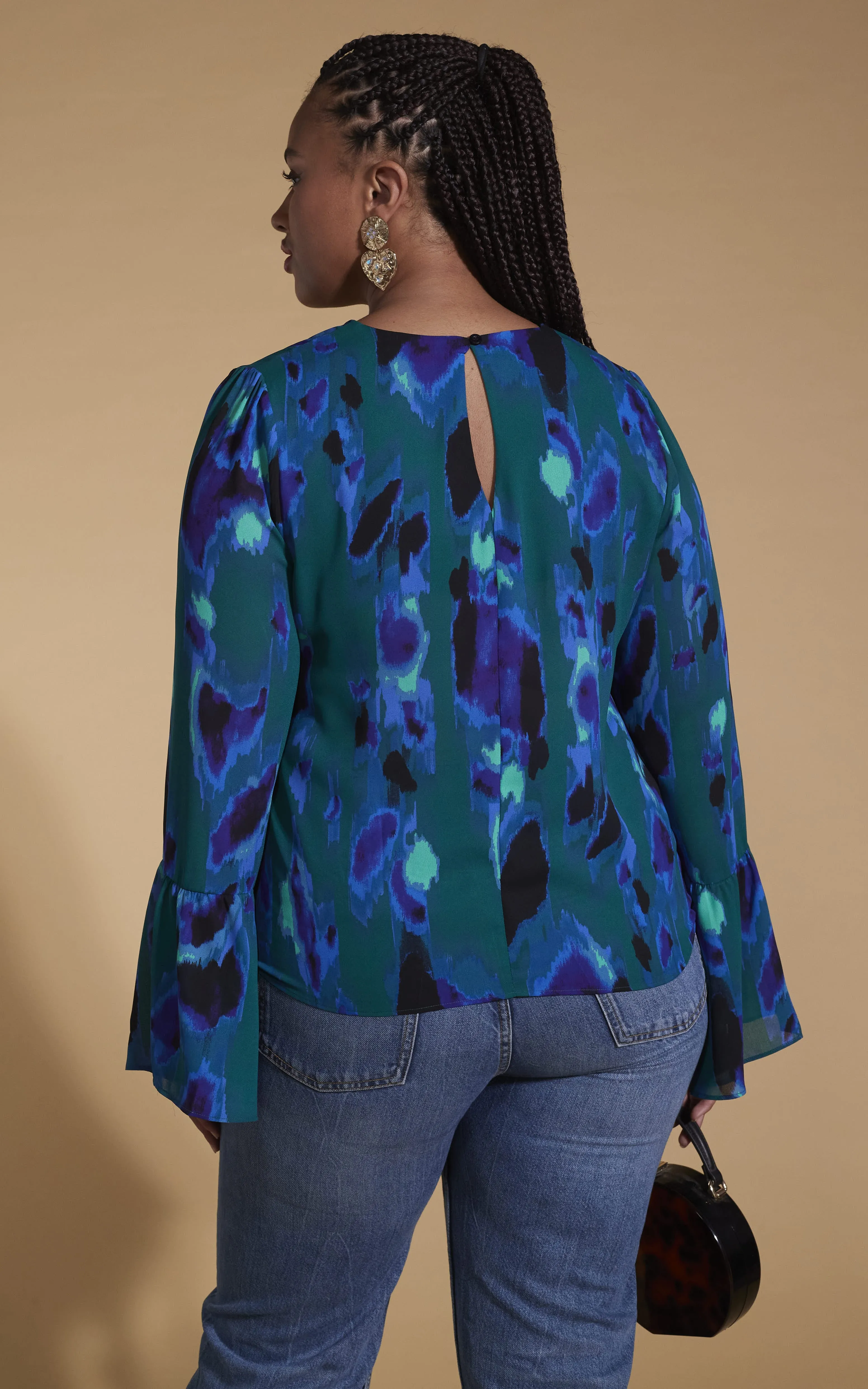 Suvi Flare Sleeve Top In Camo Abstract Blue On Green- Extended Sizing