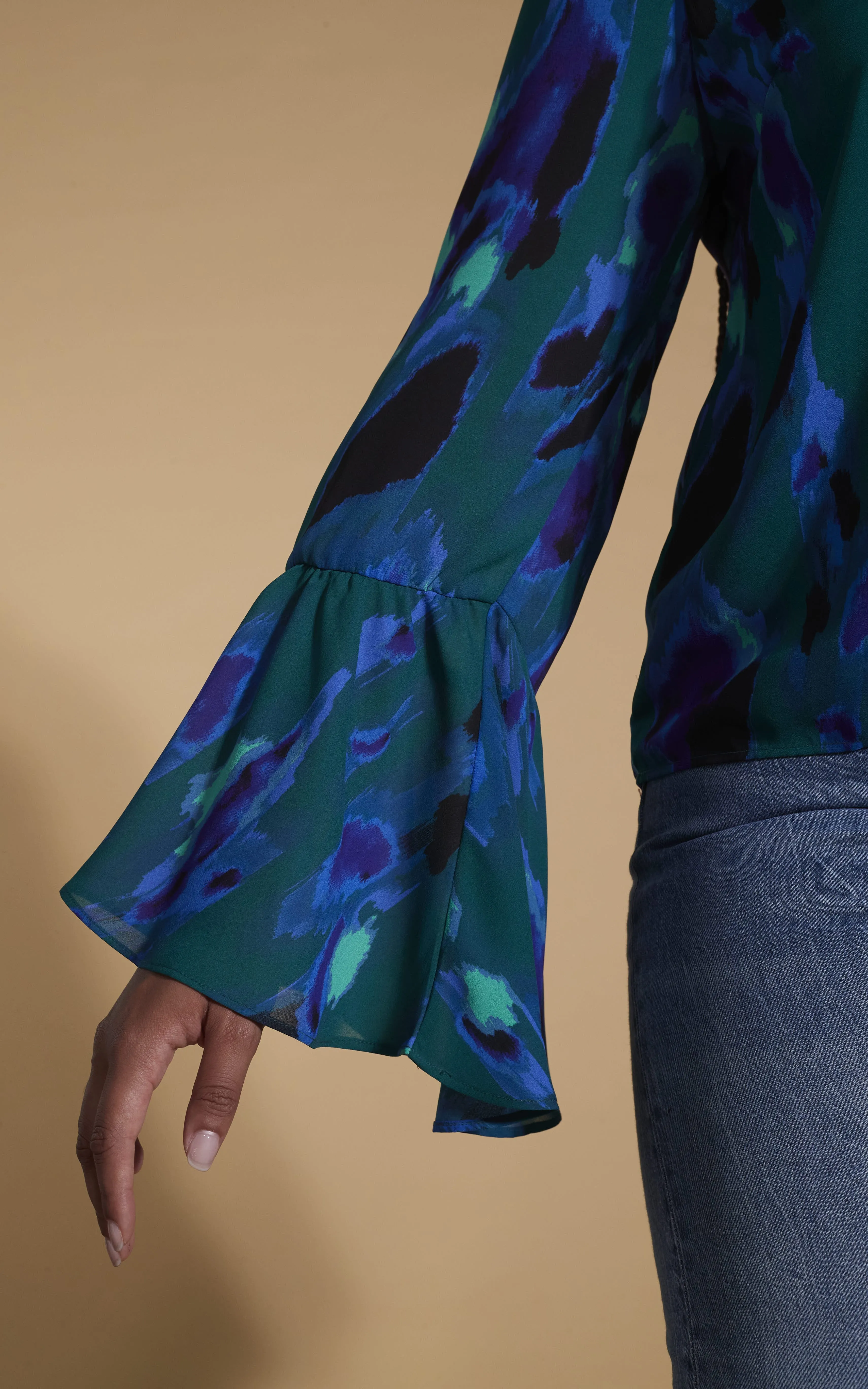 Suvi Flare Sleeve Top In Camo Abstract Blue On Green- Extended Sizing