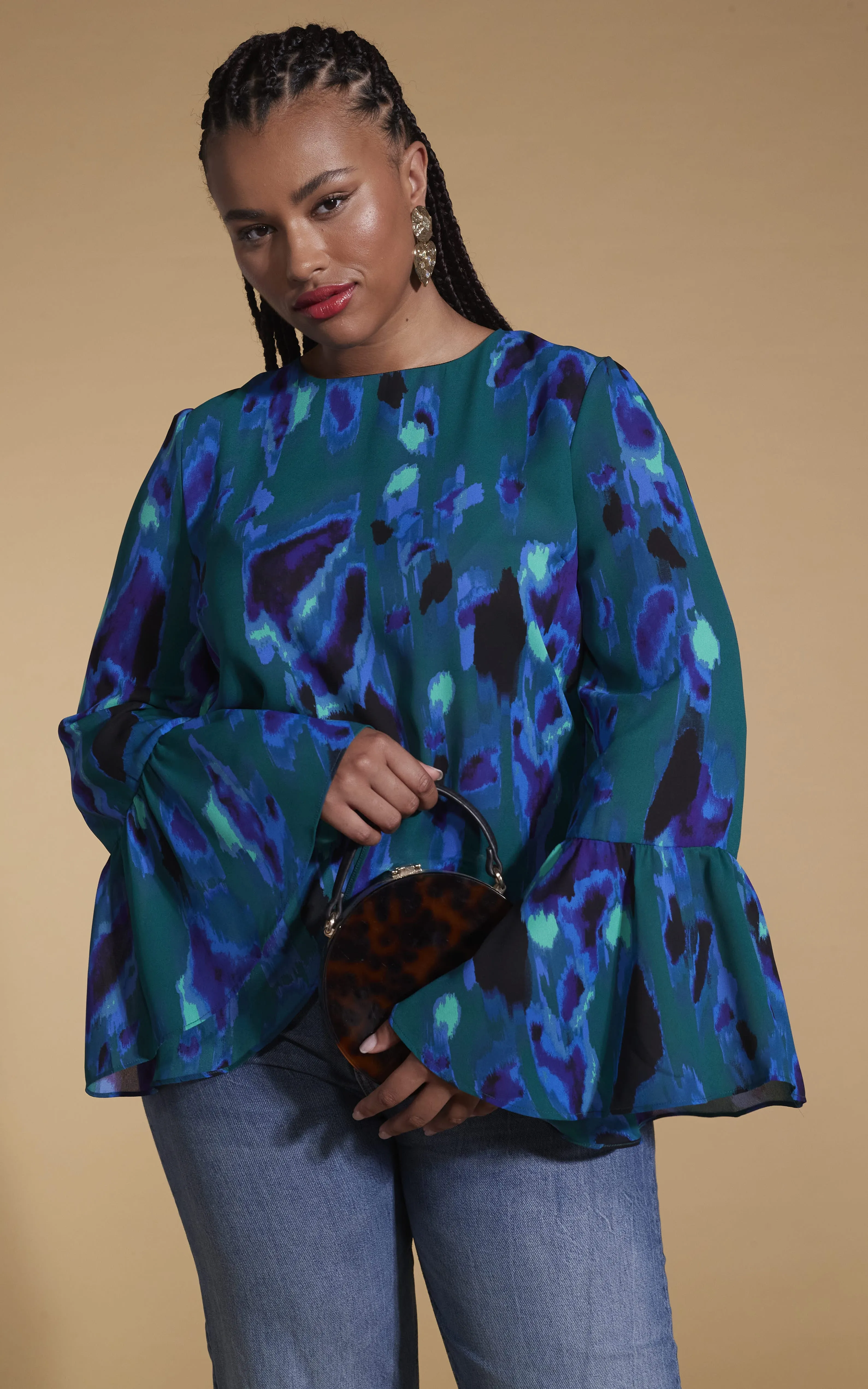 Suvi Flare Sleeve Top In Camo Abstract Blue On Green- Extended Sizing