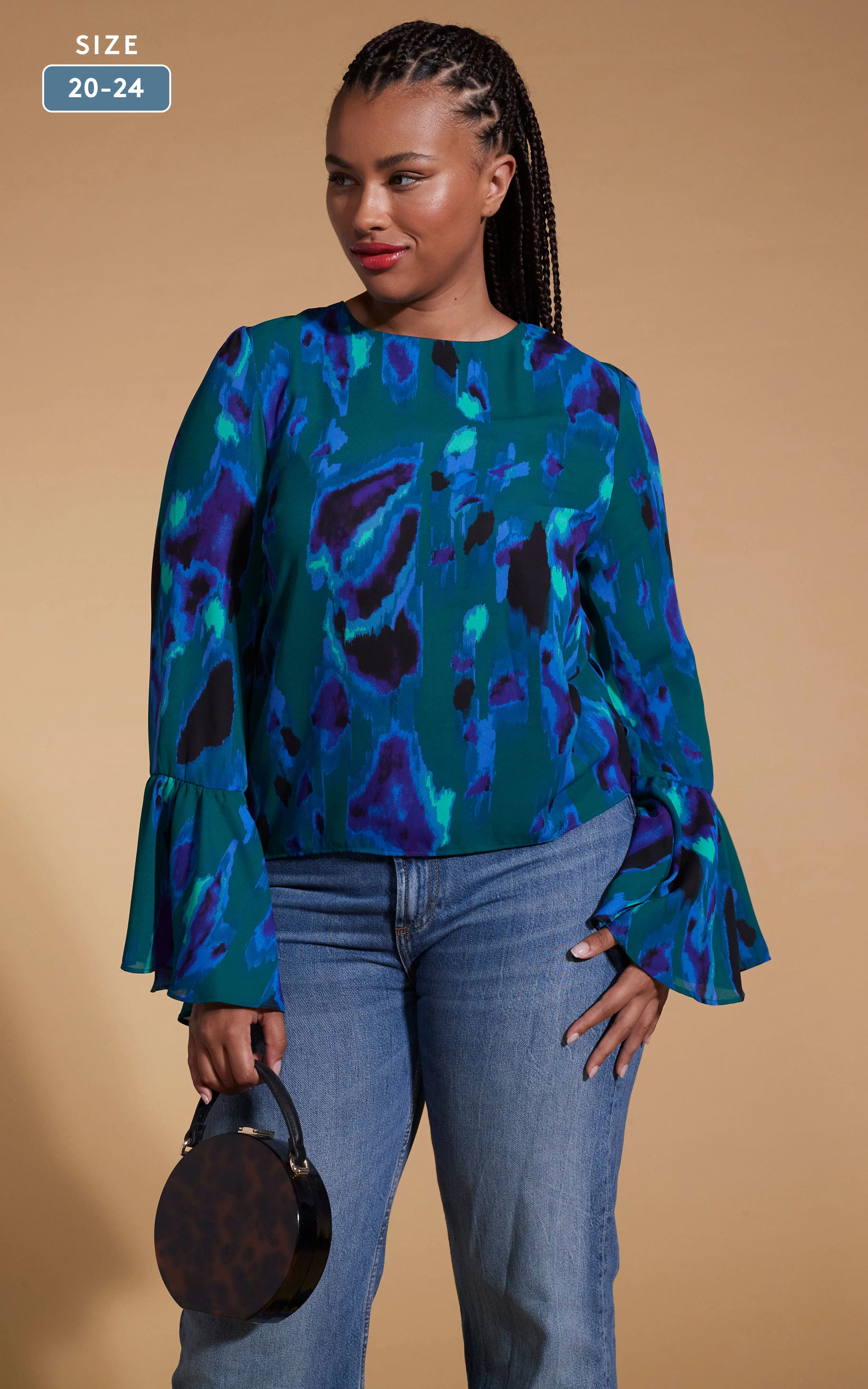 Suvi Flare Sleeve Top In Camo Abstract Blue On Green- Extended Sizing