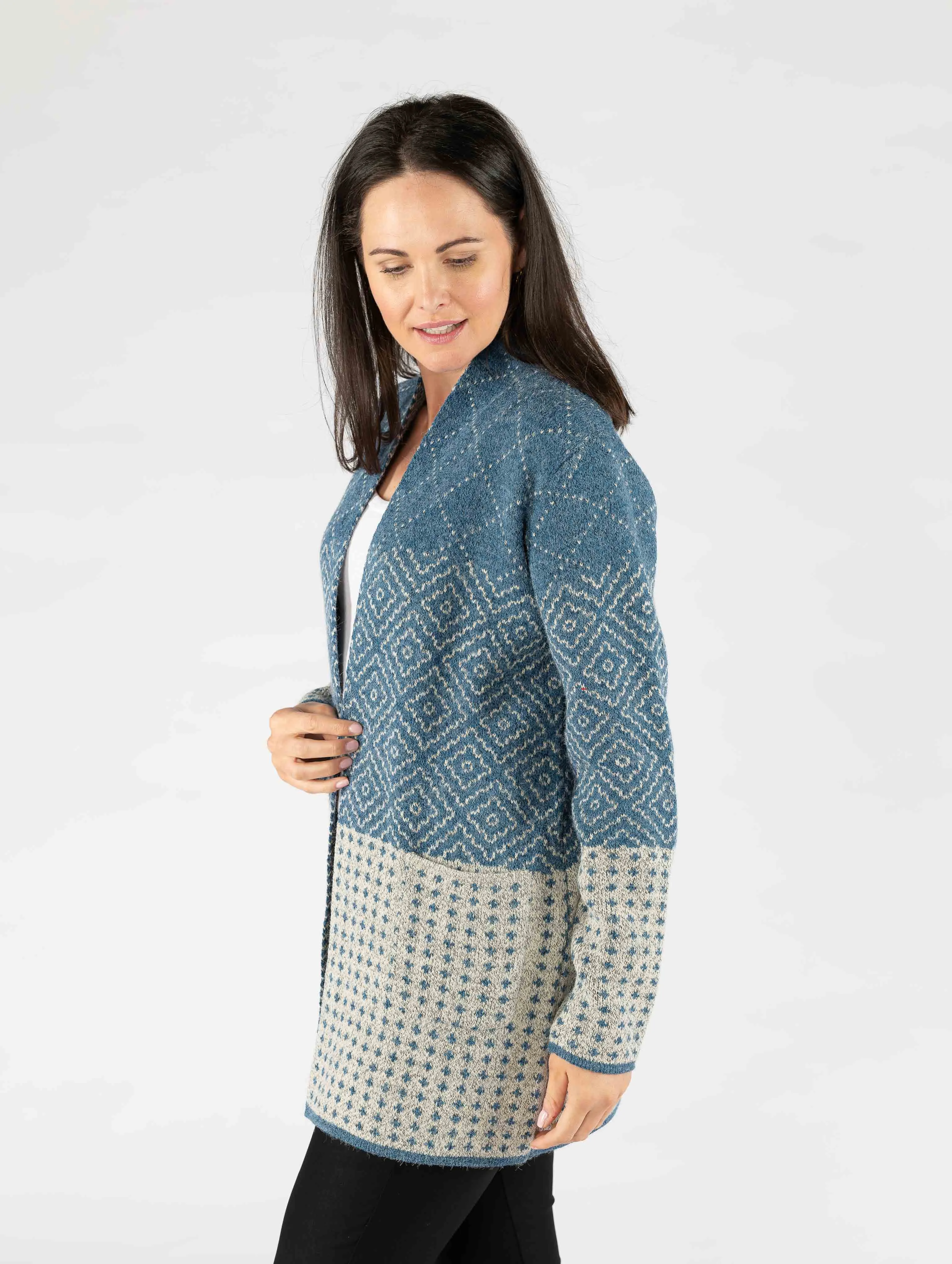 Teal Tile Pattern Cardigan with Pockets