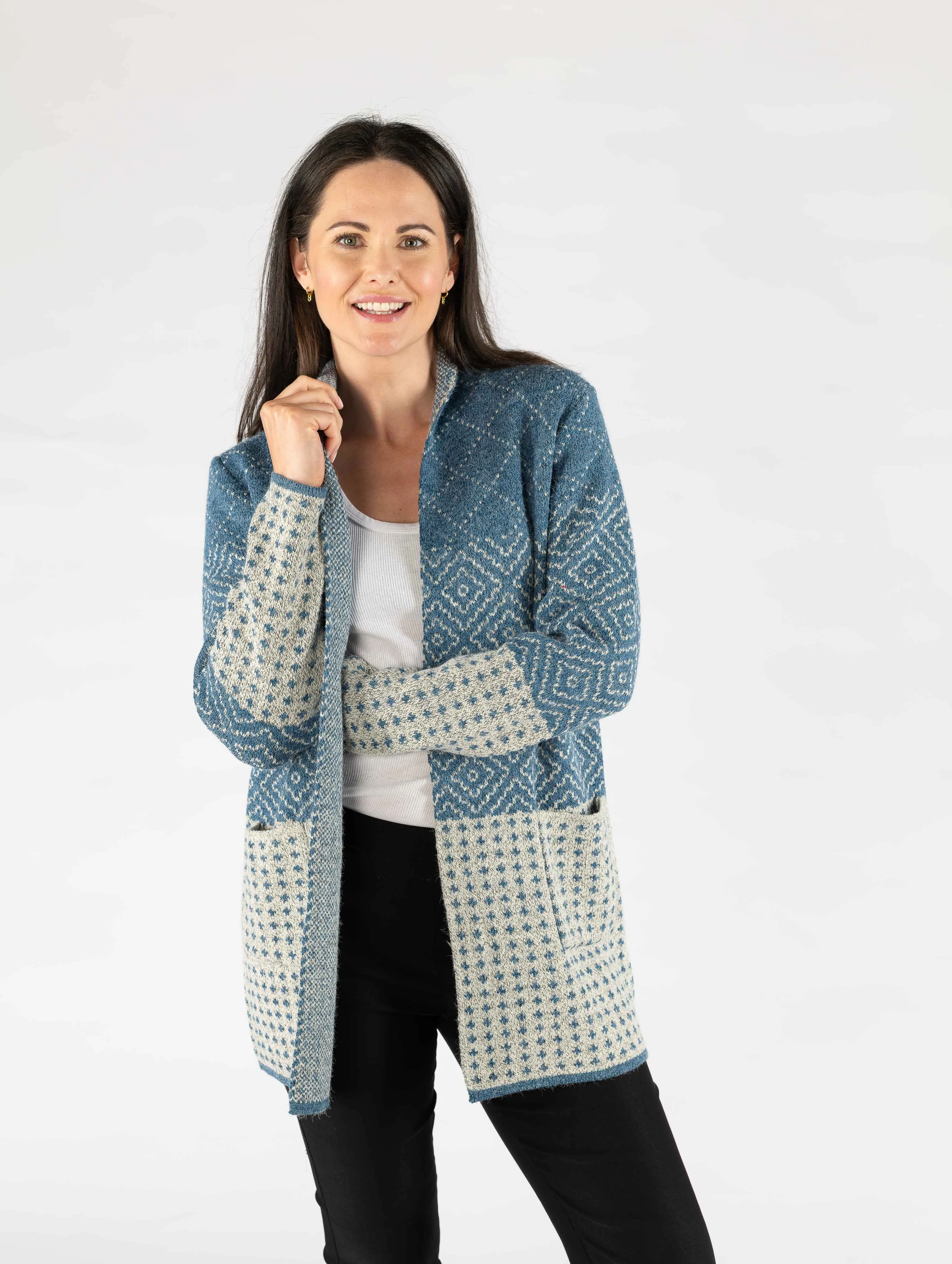 Teal Tile Pattern Cardigan with Pockets