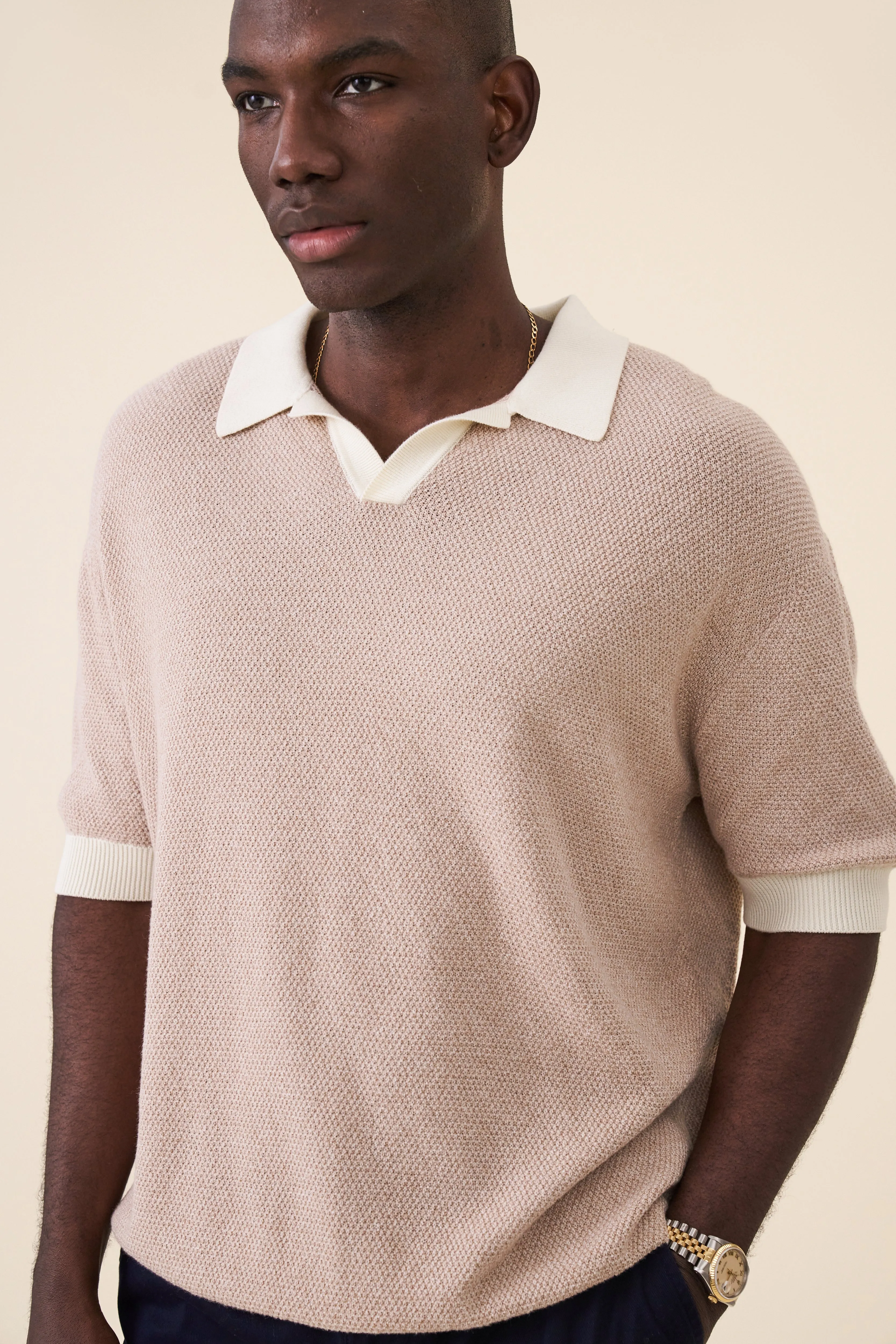 TEXTURED KNIT POLO - OATMEAL