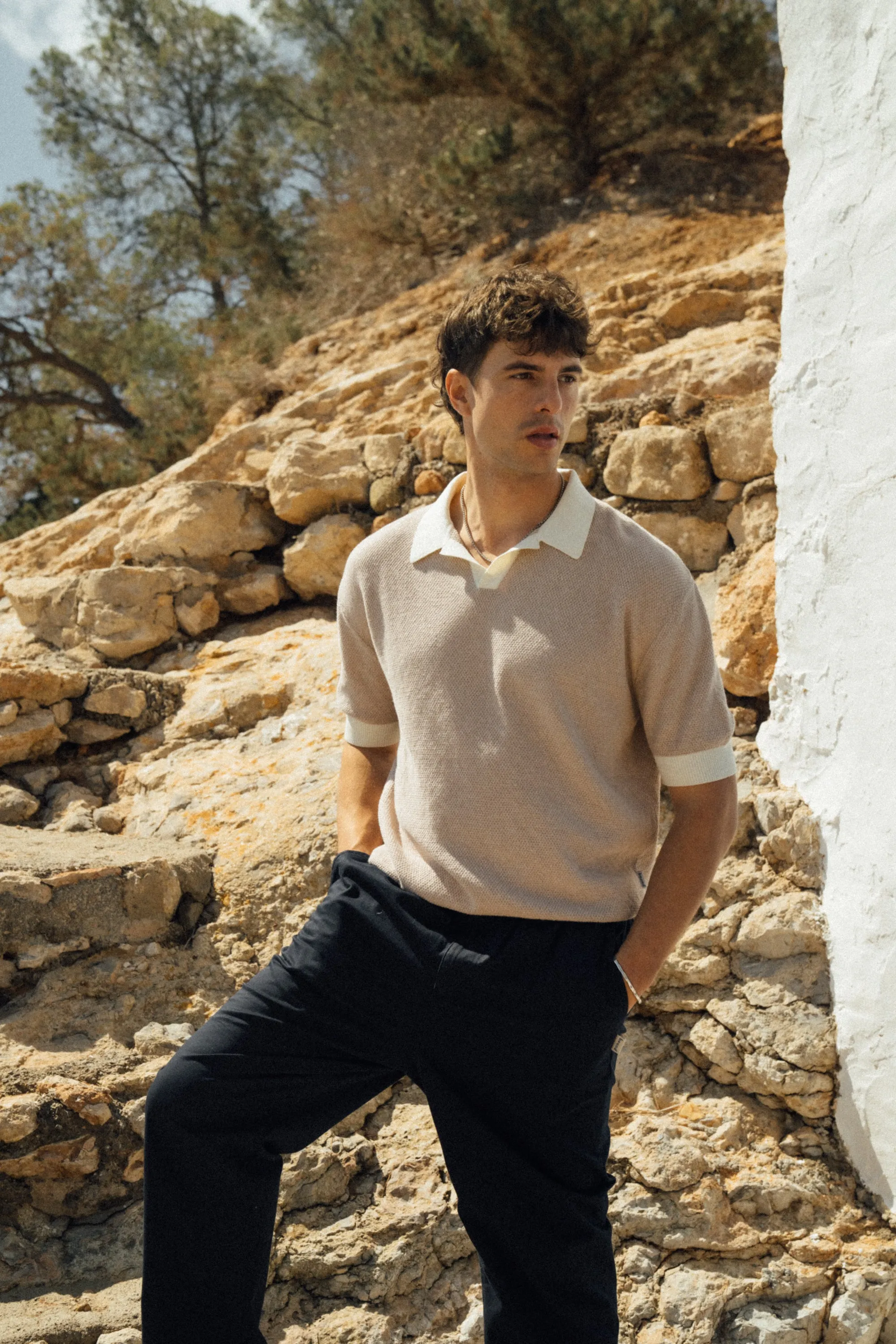 TEXTURED KNIT POLO - OATMEAL