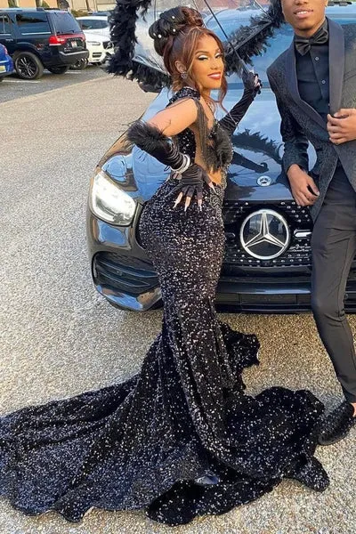 V-Neck Mermaid Prom Dresses Black With Sequins Beadings