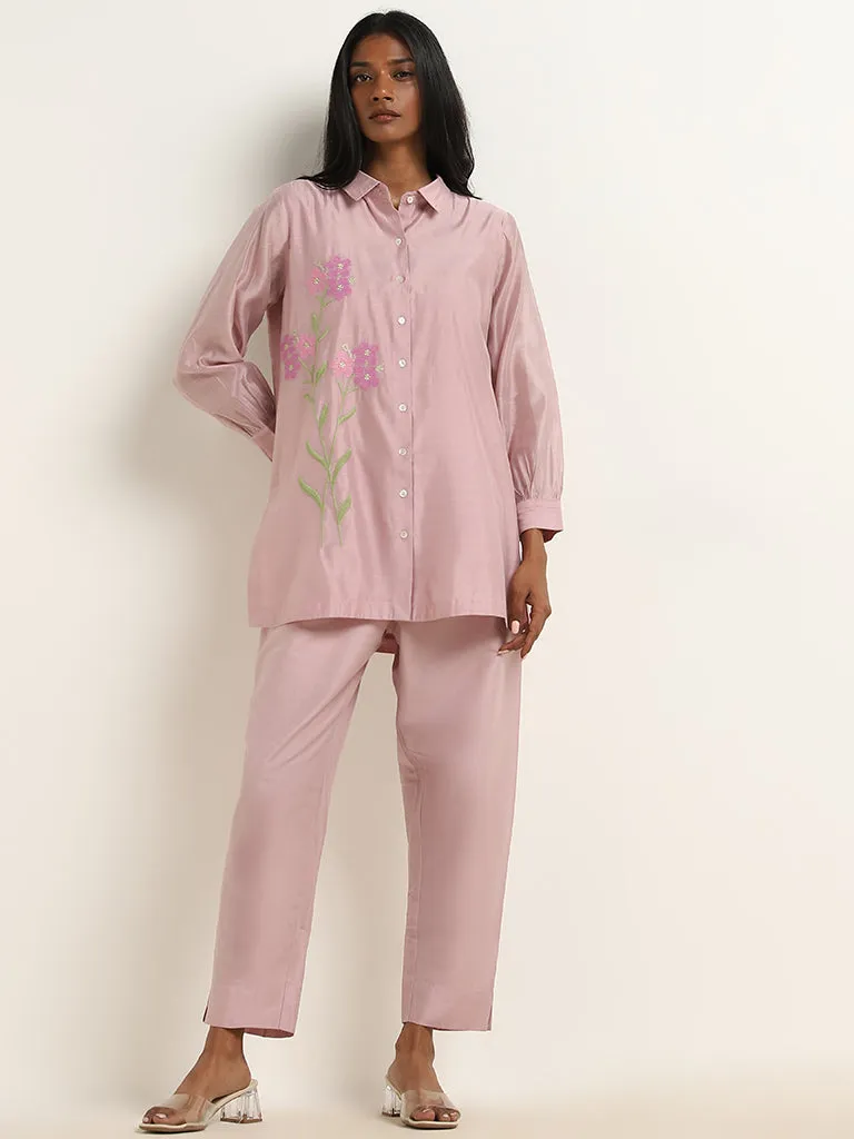 Vark Light Pink Floral Embroidered Straight Tunic & Ethnic Pants Set