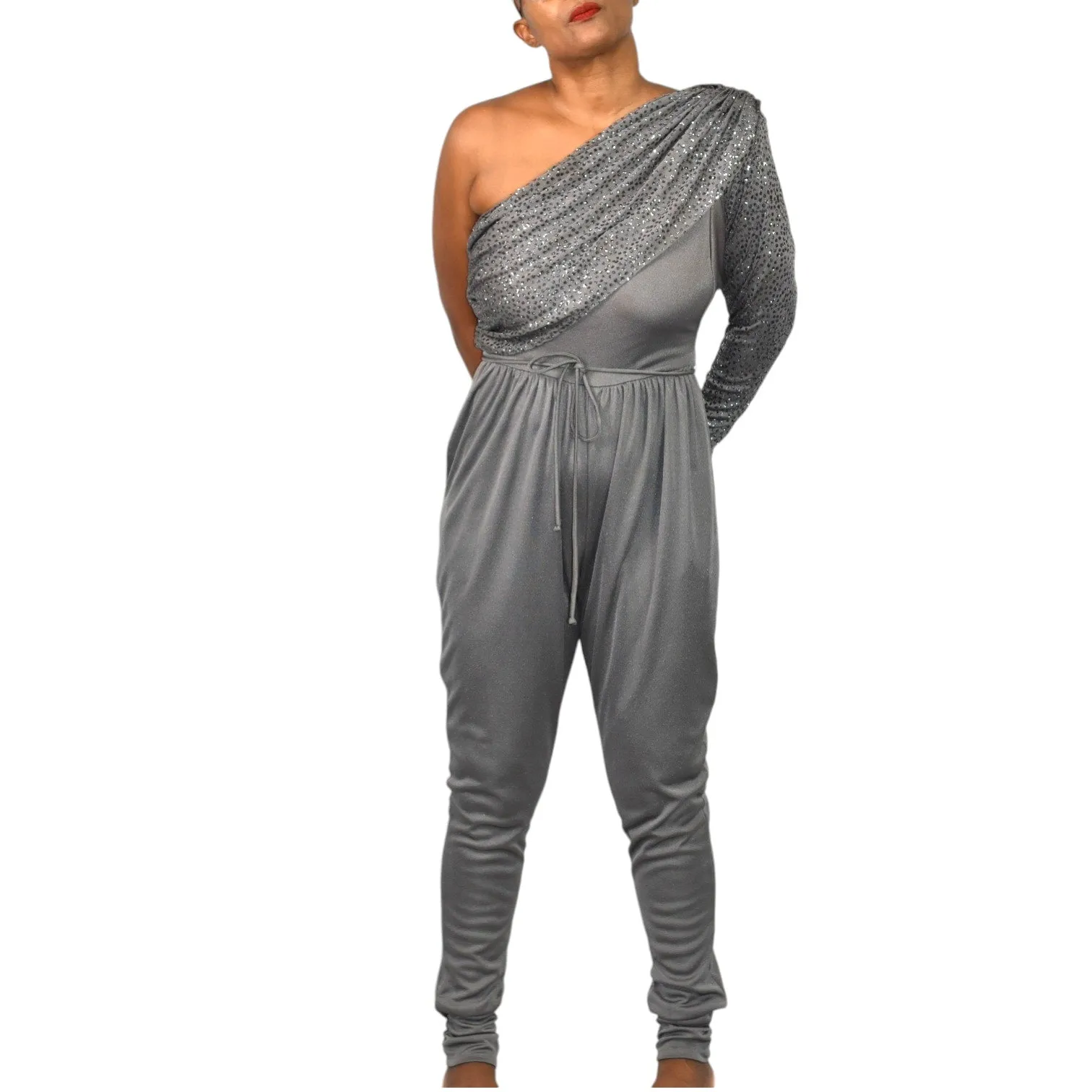 Vintage Climax One Shoulder Jumpsuit Gray Sequin Ruched Draped 70s Retro David Haywood Size Small