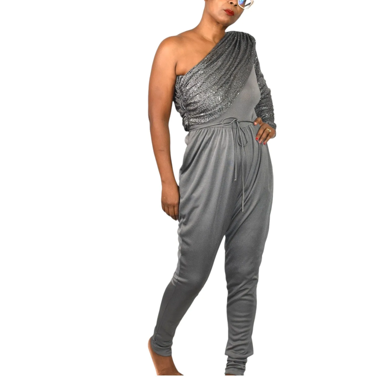 Vintage Climax One Shoulder Jumpsuit Gray Sequin Ruched Draped 70s Retro David Haywood Size Small