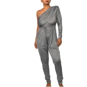 Vintage Climax One Shoulder Jumpsuit Gray Sequin Ruched Draped 70s Retro David Haywood Size Small