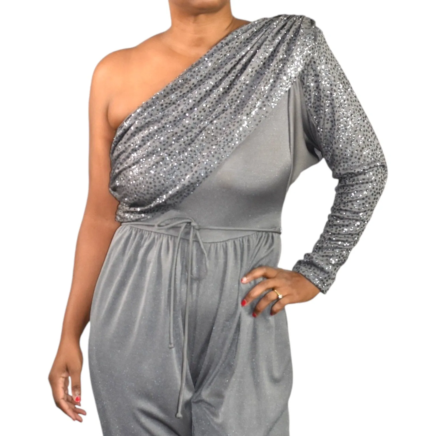 Vintage Climax One Shoulder Jumpsuit Gray Sequin Ruched Draped 70s Retro David Haywood Size Small