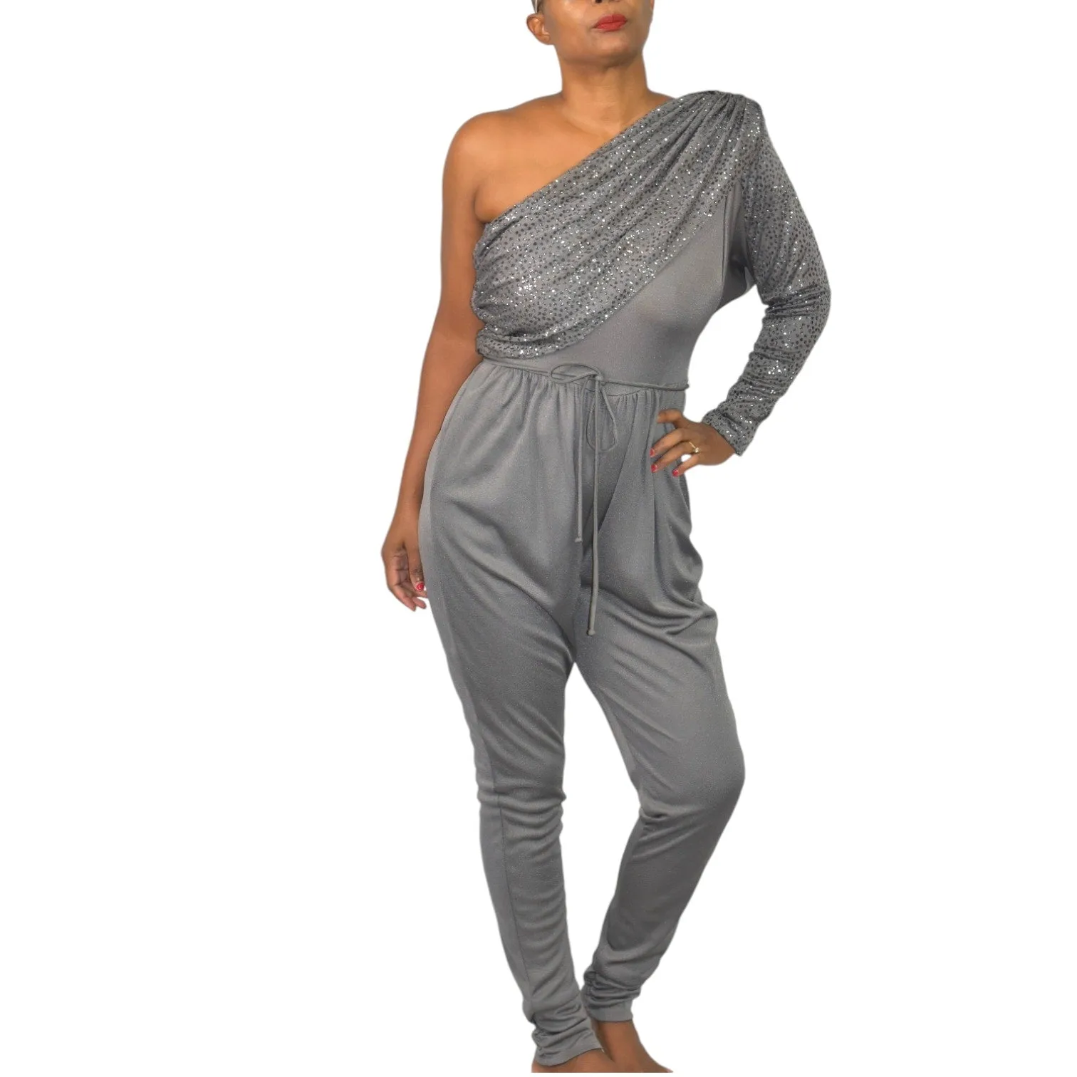 Vintage Climax One Shoulder Jumpsuit Gray Sequin Ruched Draped 70s Retro David Haywood Size Small