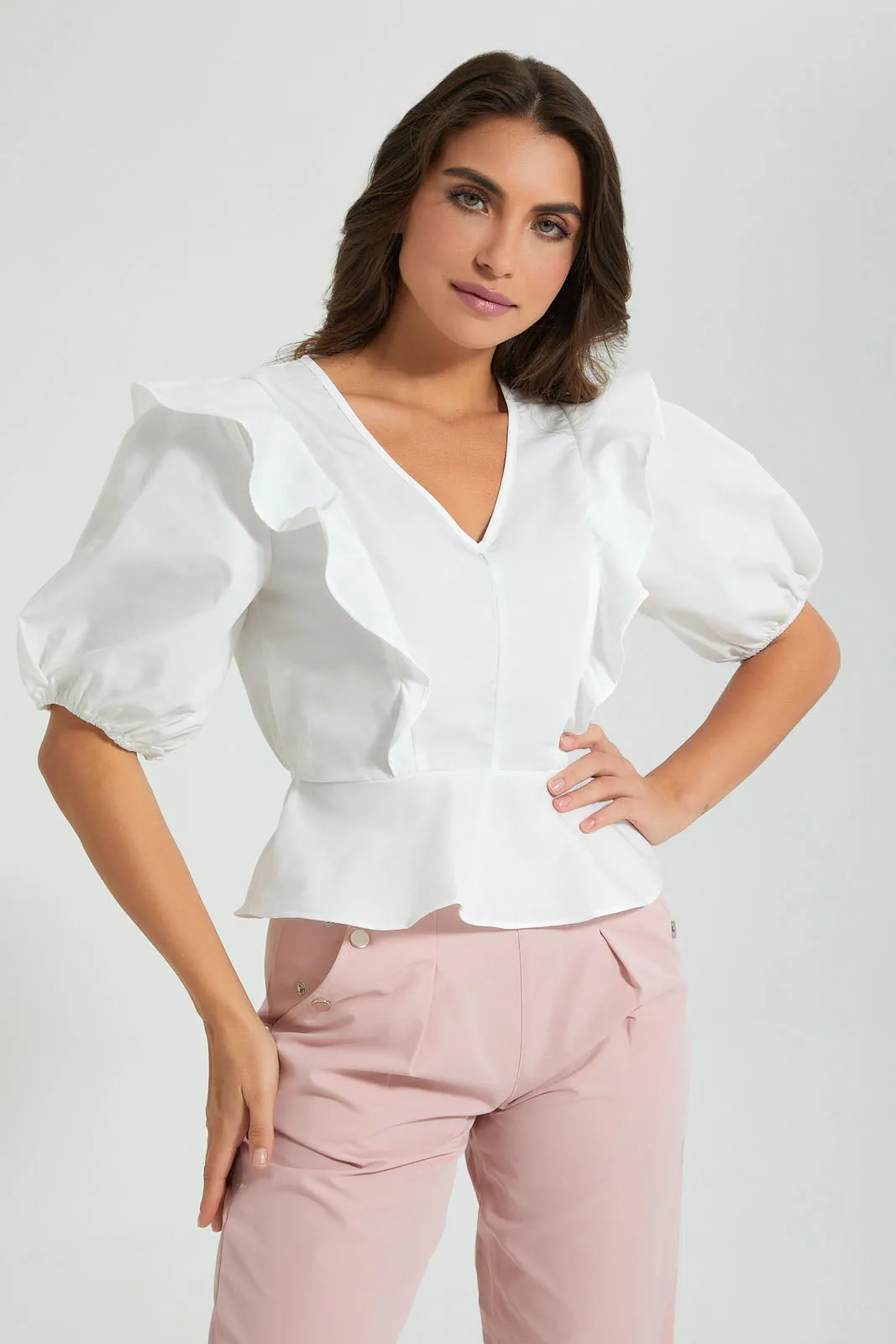 White V-Neck Frilled Top