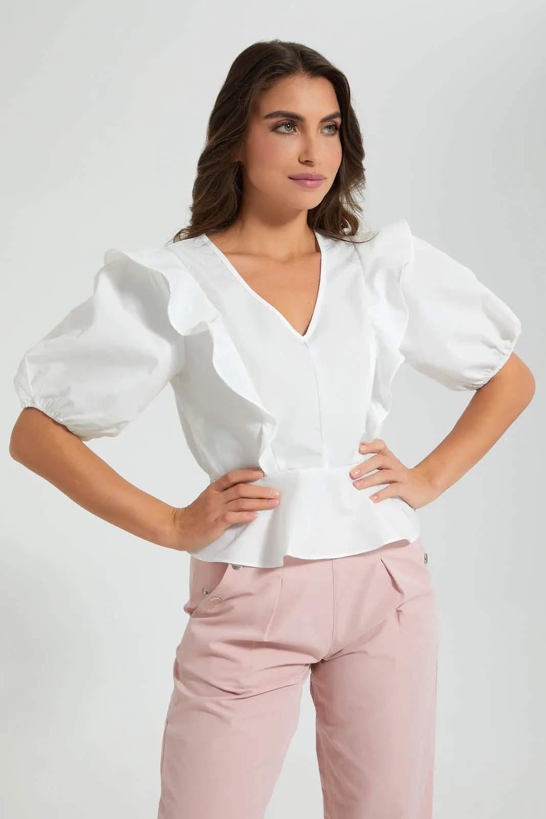 White V-Neck Frilled Top