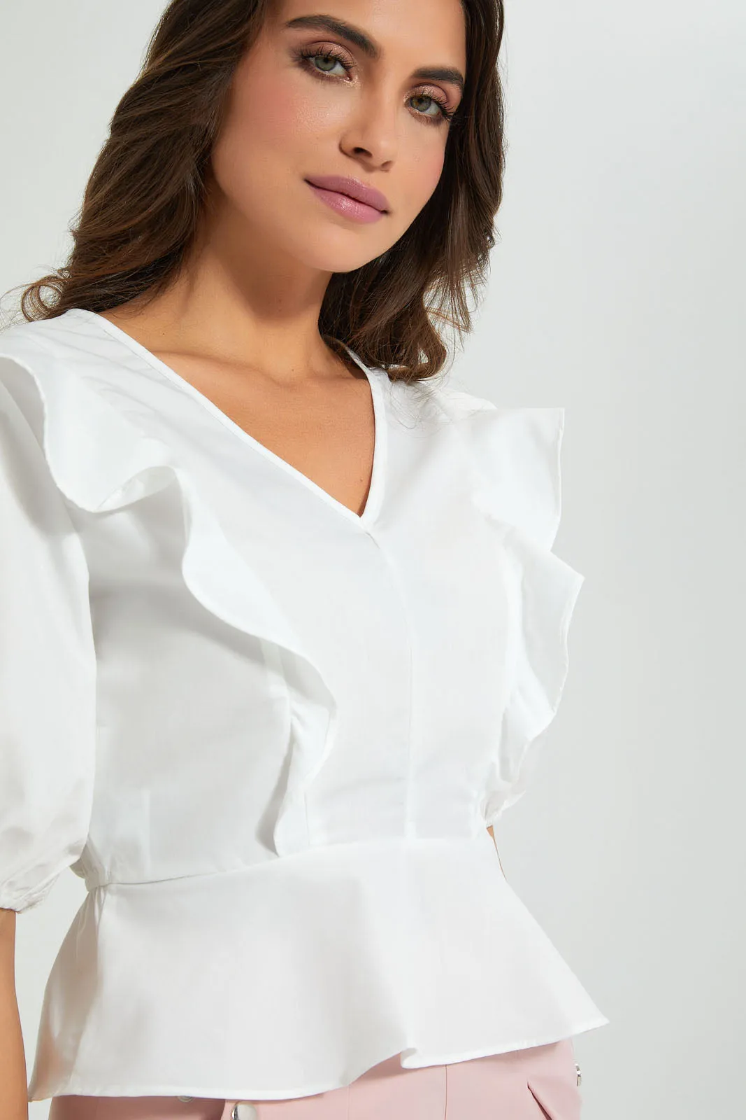 White V-Neck Frilled Top