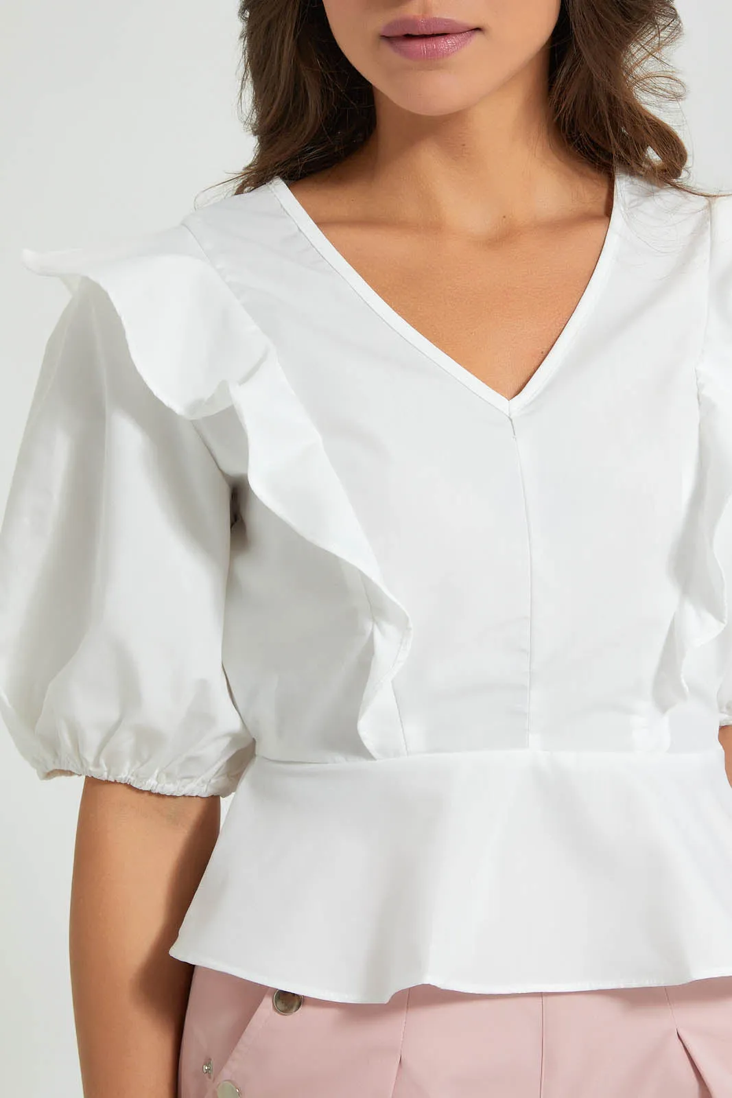 White V-Neck Frilled Top