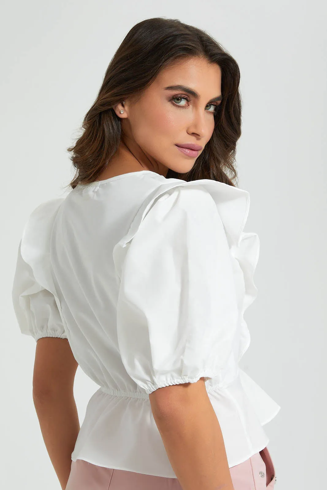 White V-Neck Frilled Top