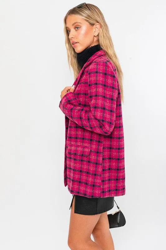 Womens Fuchsia Plaid Single Button Blazer Jacket