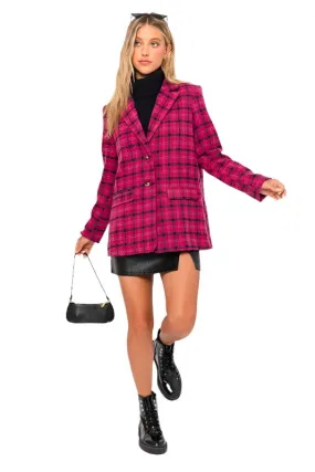 Womens Fuchsia Plaid Single Button Blazer Jacket