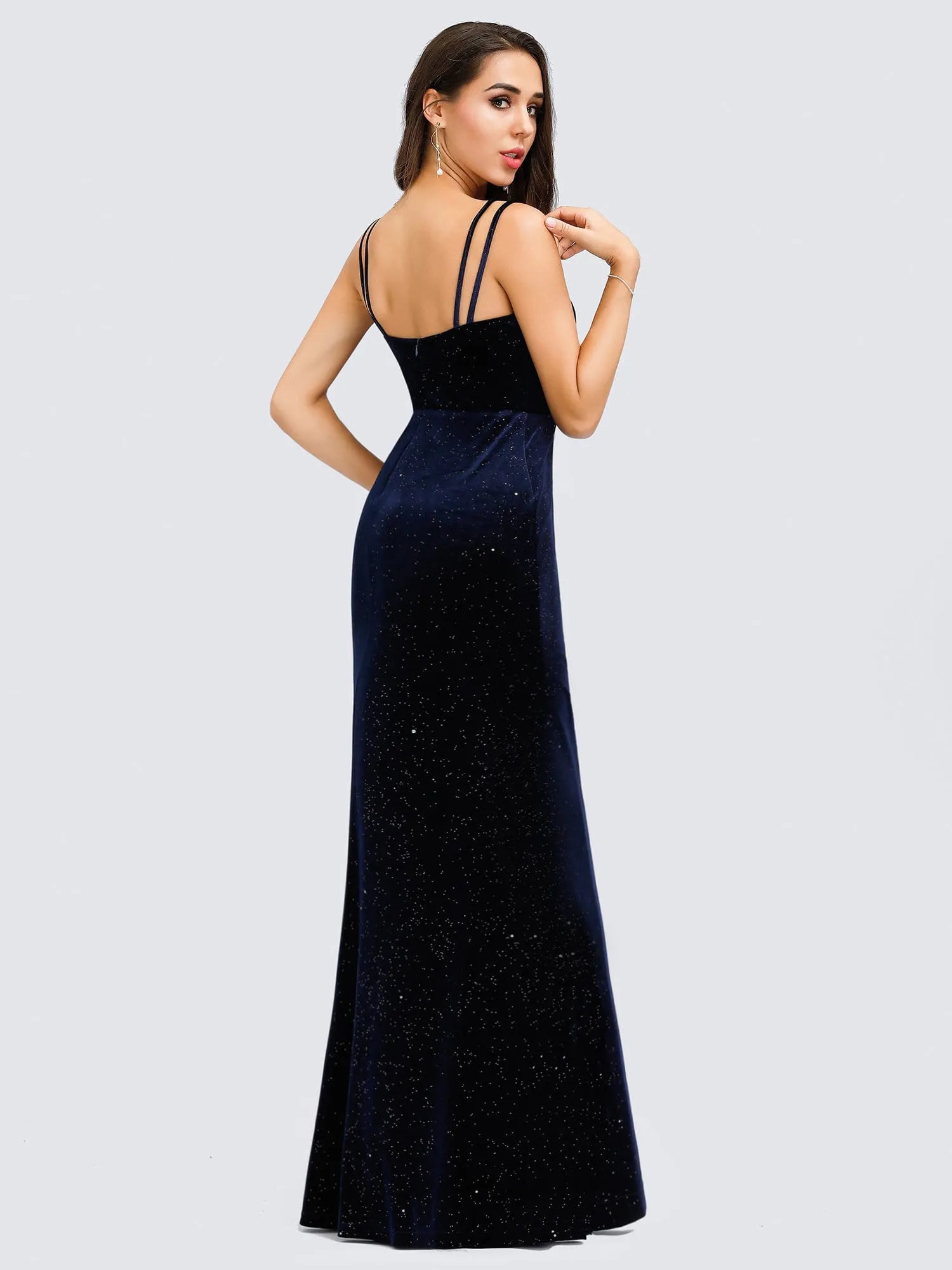 Women's V-Neck Spaghetti Straps Sparkly Velvet Evening Dresses