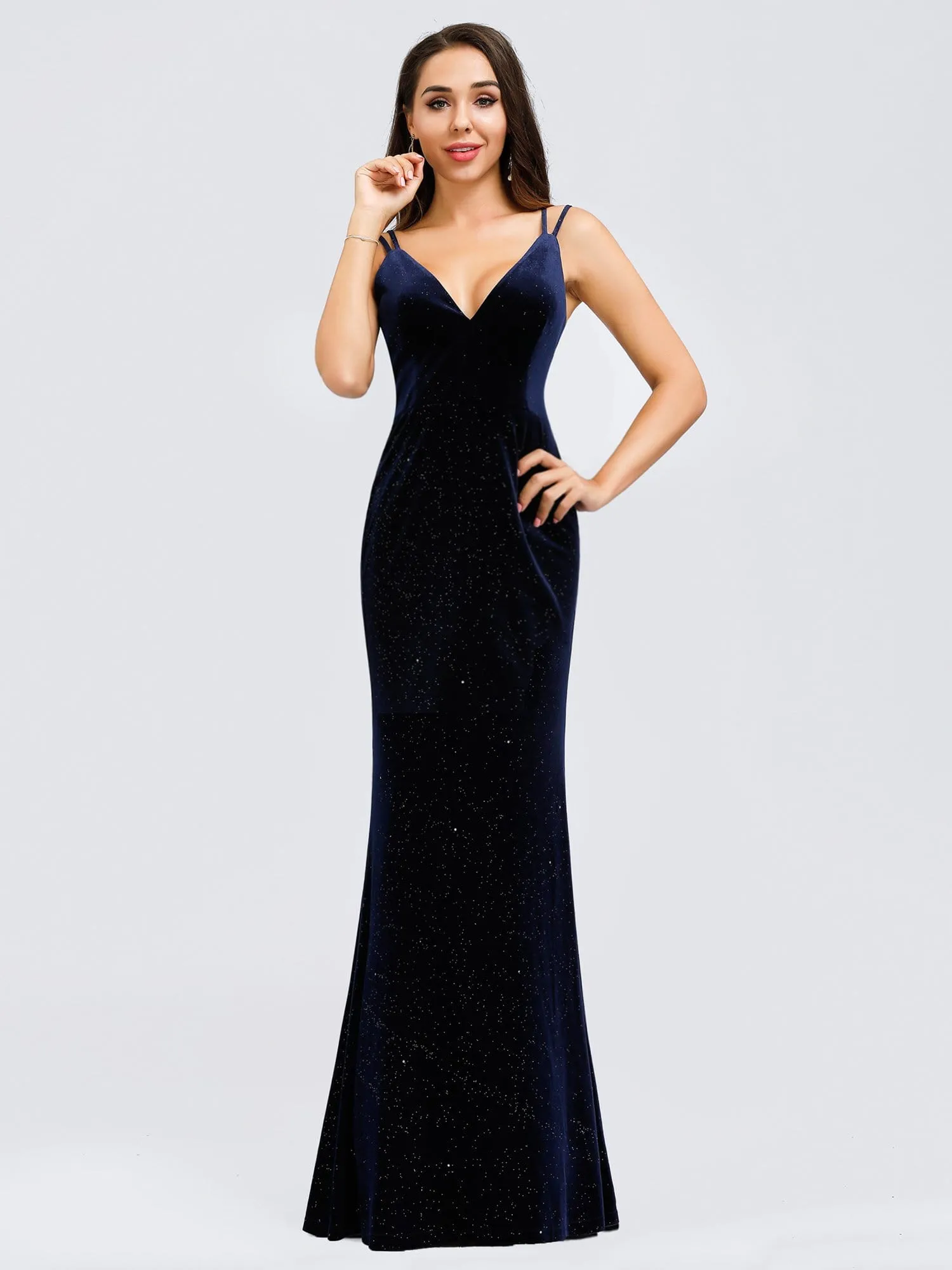 Women's V-Neck Spaghetti Straps Sparkly Velvet Evening Dresses