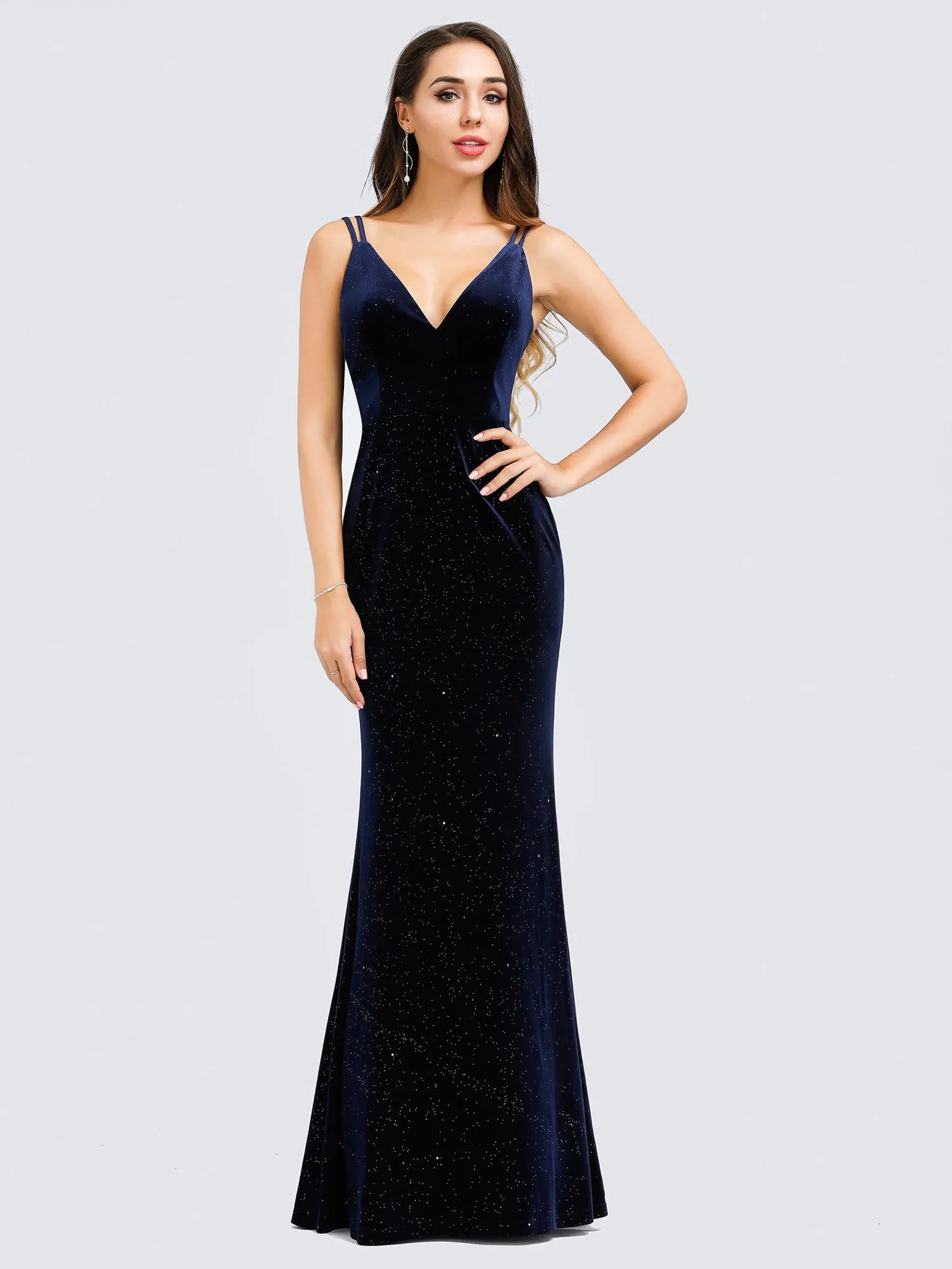 Women's V-Neck Spaghetti Straps Sparkly Velvet Evening Dresses