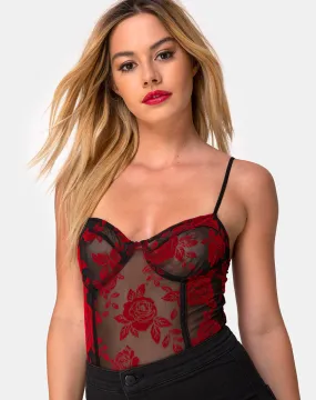 Yecal Bodice in Romantic Red Rose Flock