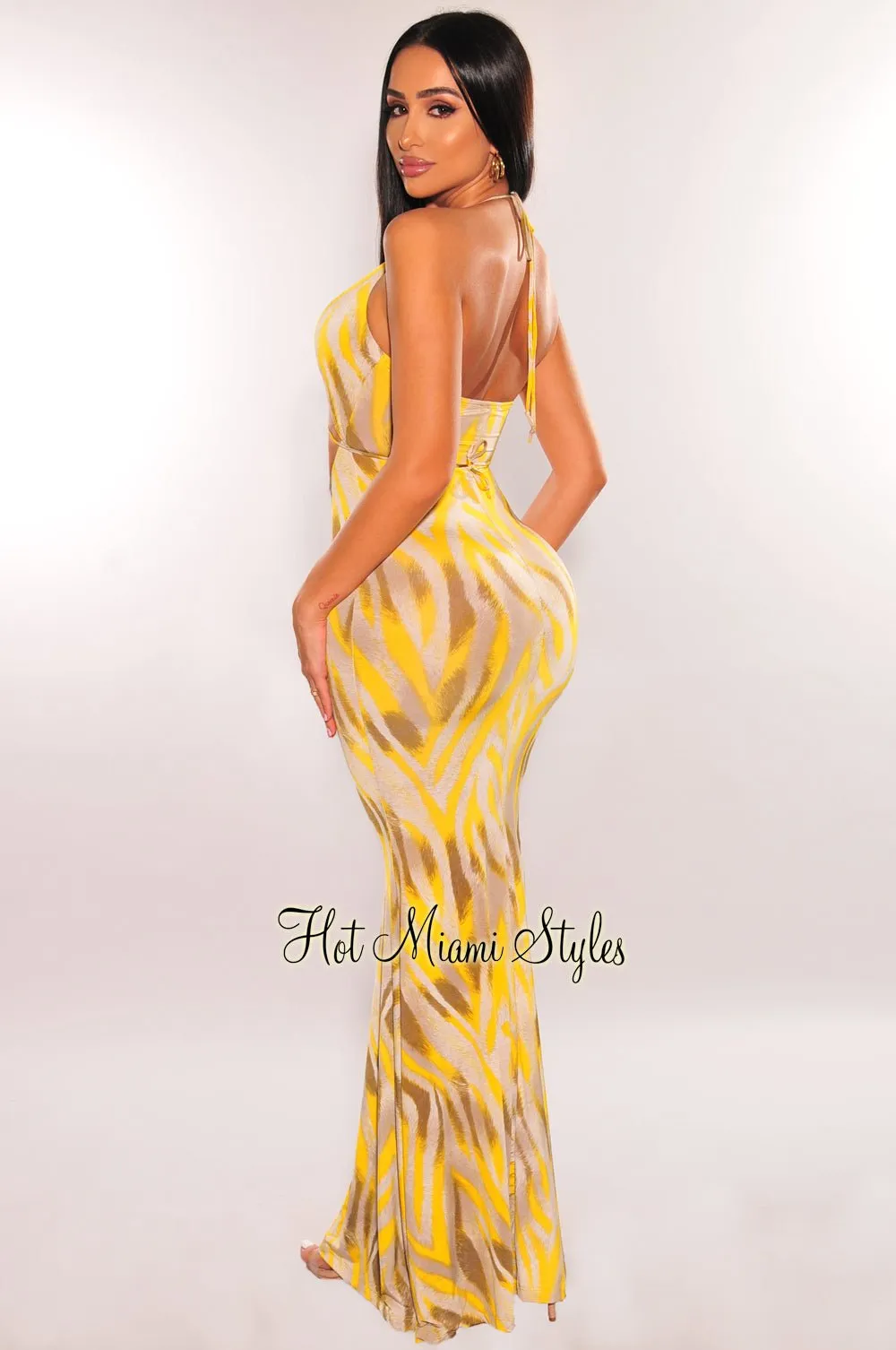 Yellow Gray Animal Print Halter Tie Up Cut Out Dress